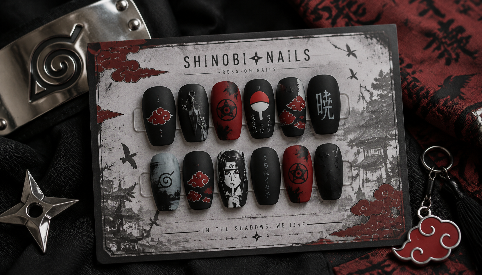 Styling look of Naruto Matte Gothic Square Anime Press-On Nails on hands matching modern anime fashion