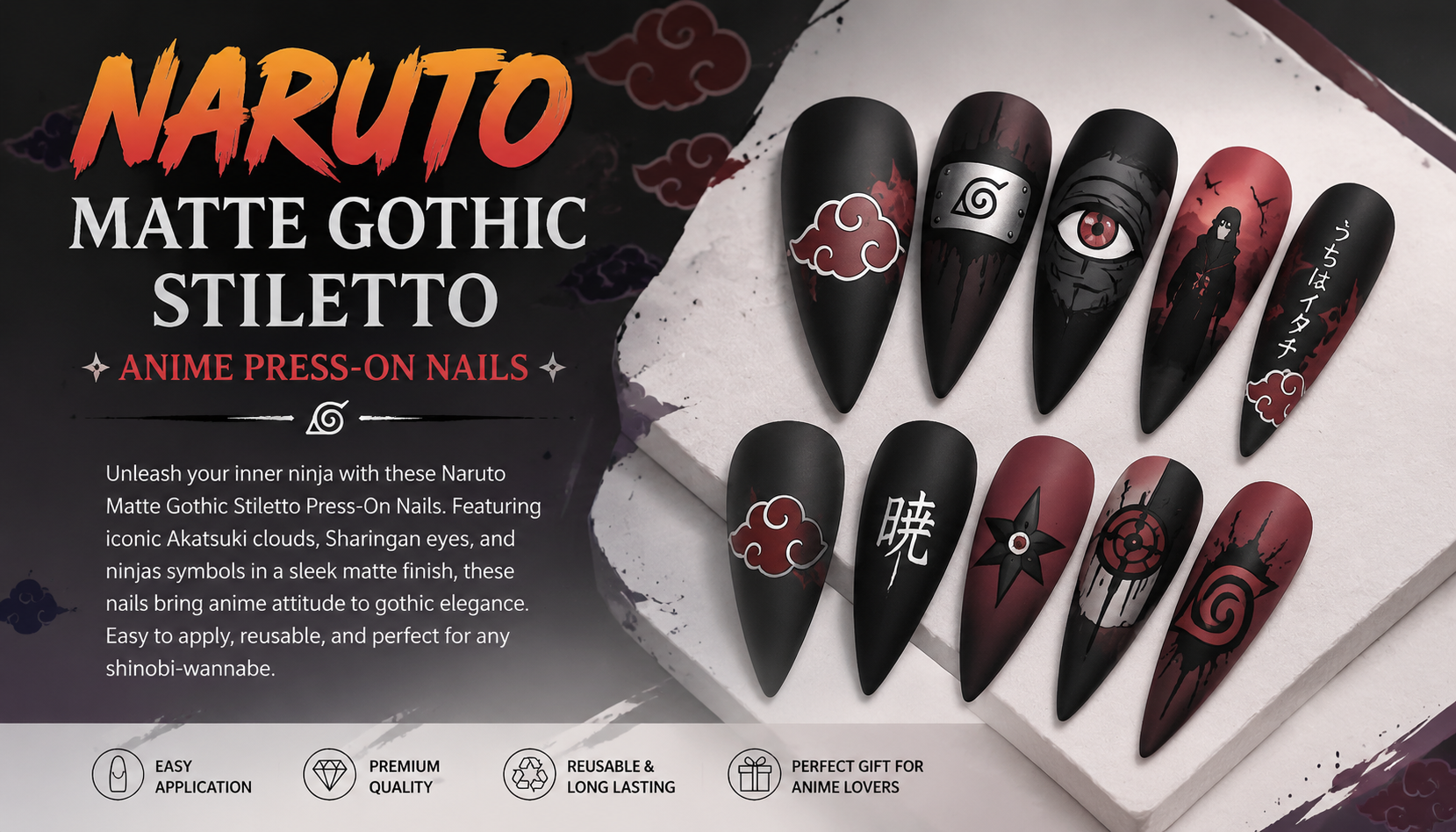 Naruto Matte Gothic Stiletto Anime Press-On Nails