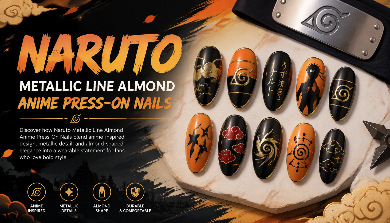Naruto Metallic Line Almond Anime Press-On Nails