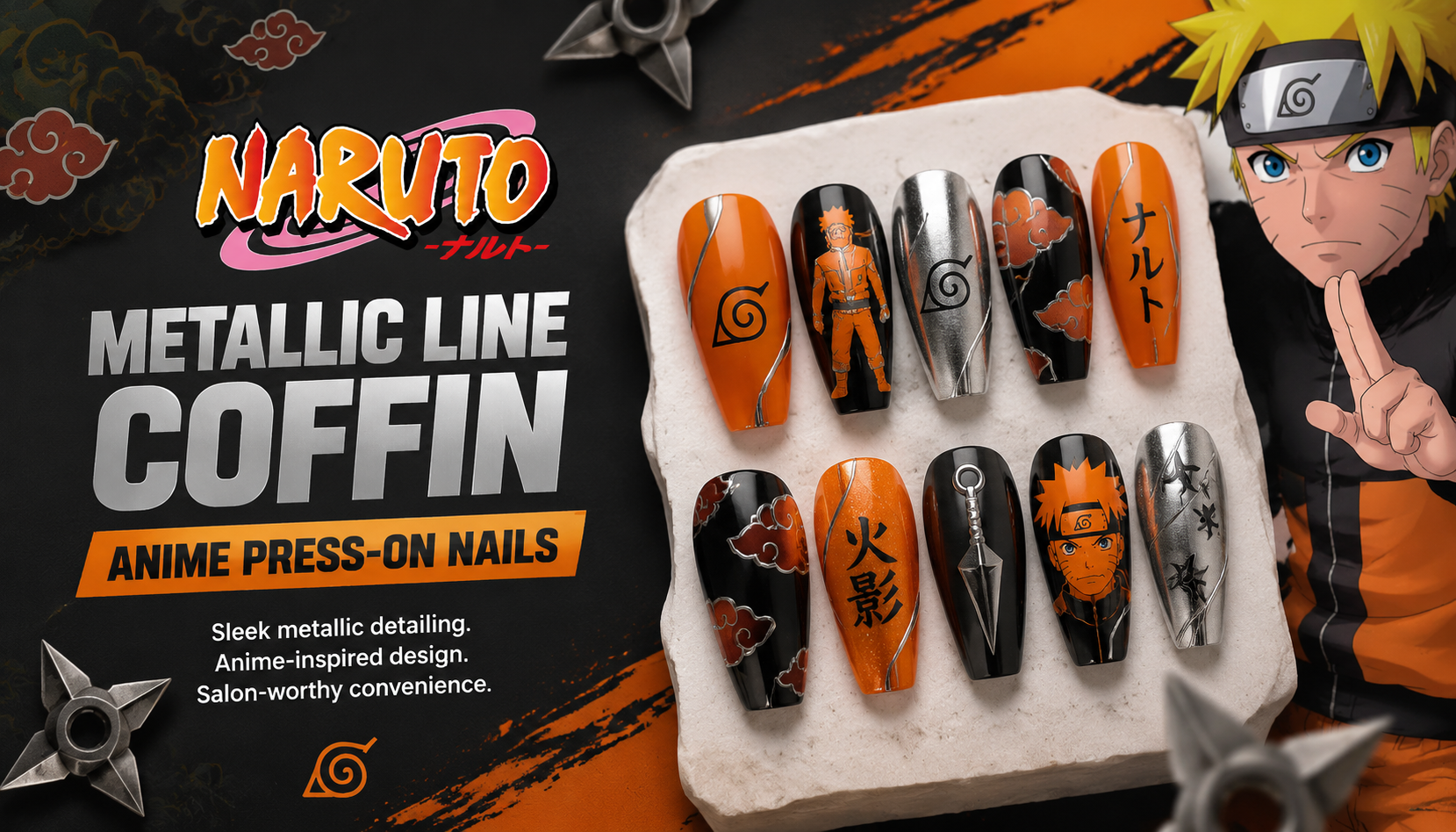 Naruto Metallic Line Coffin Anime Press-On Nails
