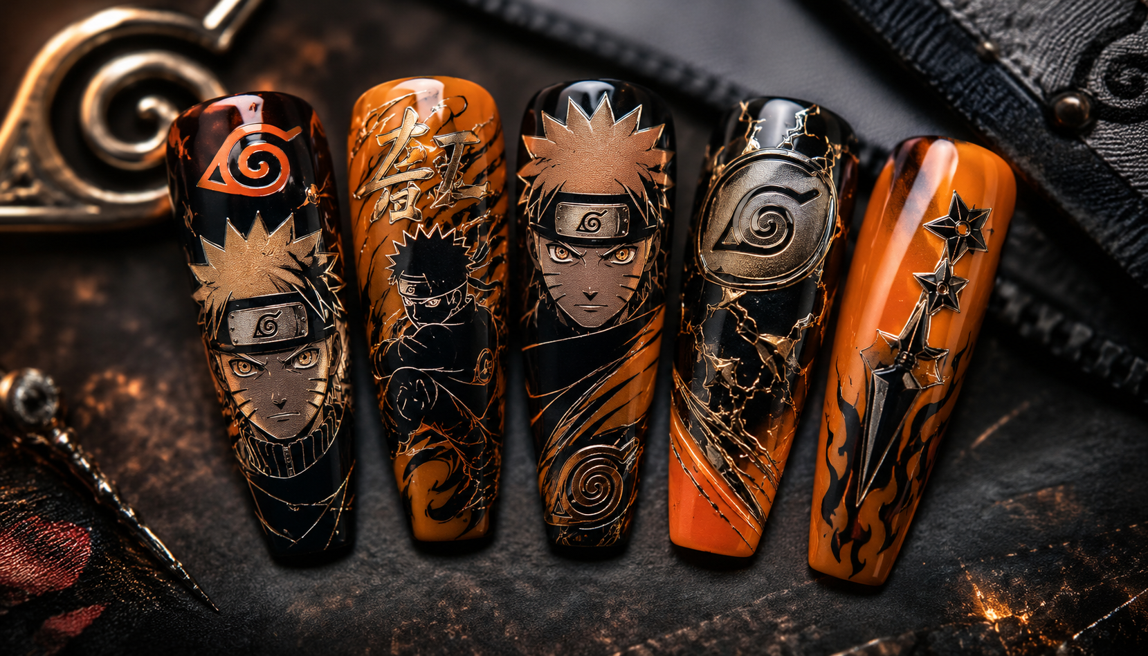 Detailed close-up showing the intricate hand-painted art of Naruto Metallic Line Coffin Anime Press-On Nails