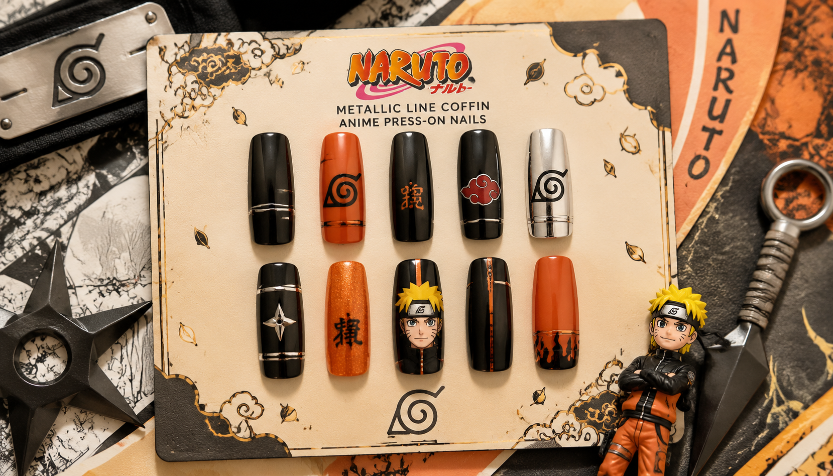 Styling look of Naruto Metallic Line Coffin Anime Press-On Nails on hands matching modern anime fashion