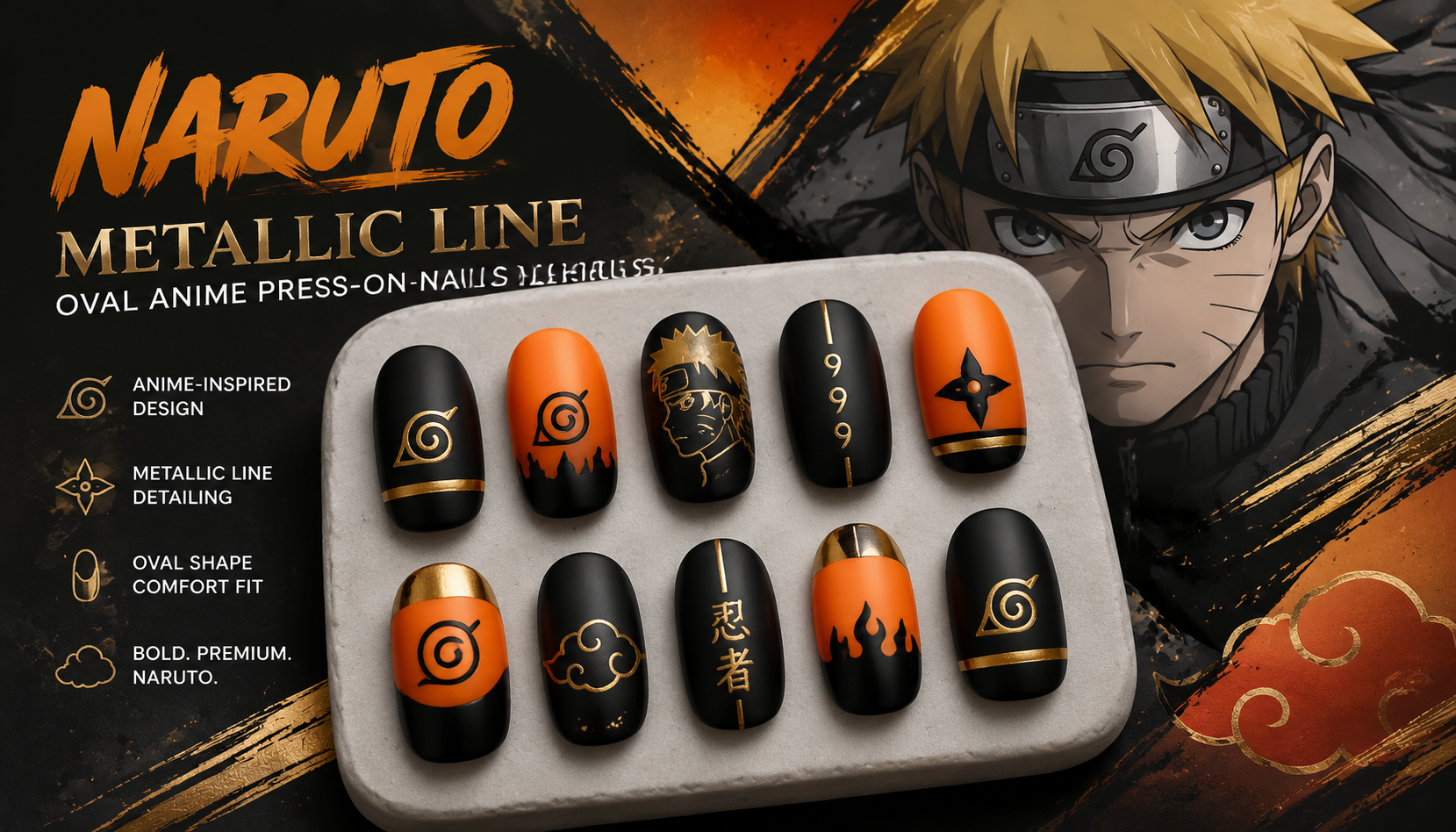 Naruto Metallic Line Oval Anime Press-On Nails