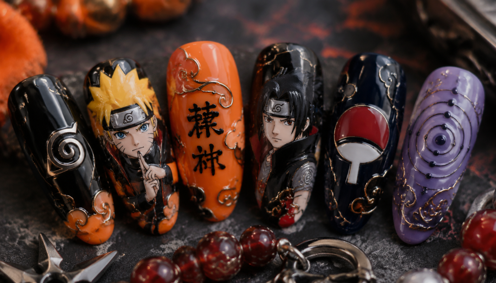 Detailed close-up showing the intricate hand-painted art of Naruto Metallic Line Oval Anime Press-On Nails