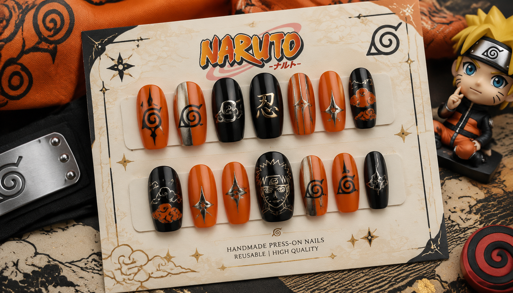 Styling look of Naruto Metallic Line Oval Anime Press-On Nails on hands matching modern anime fashion