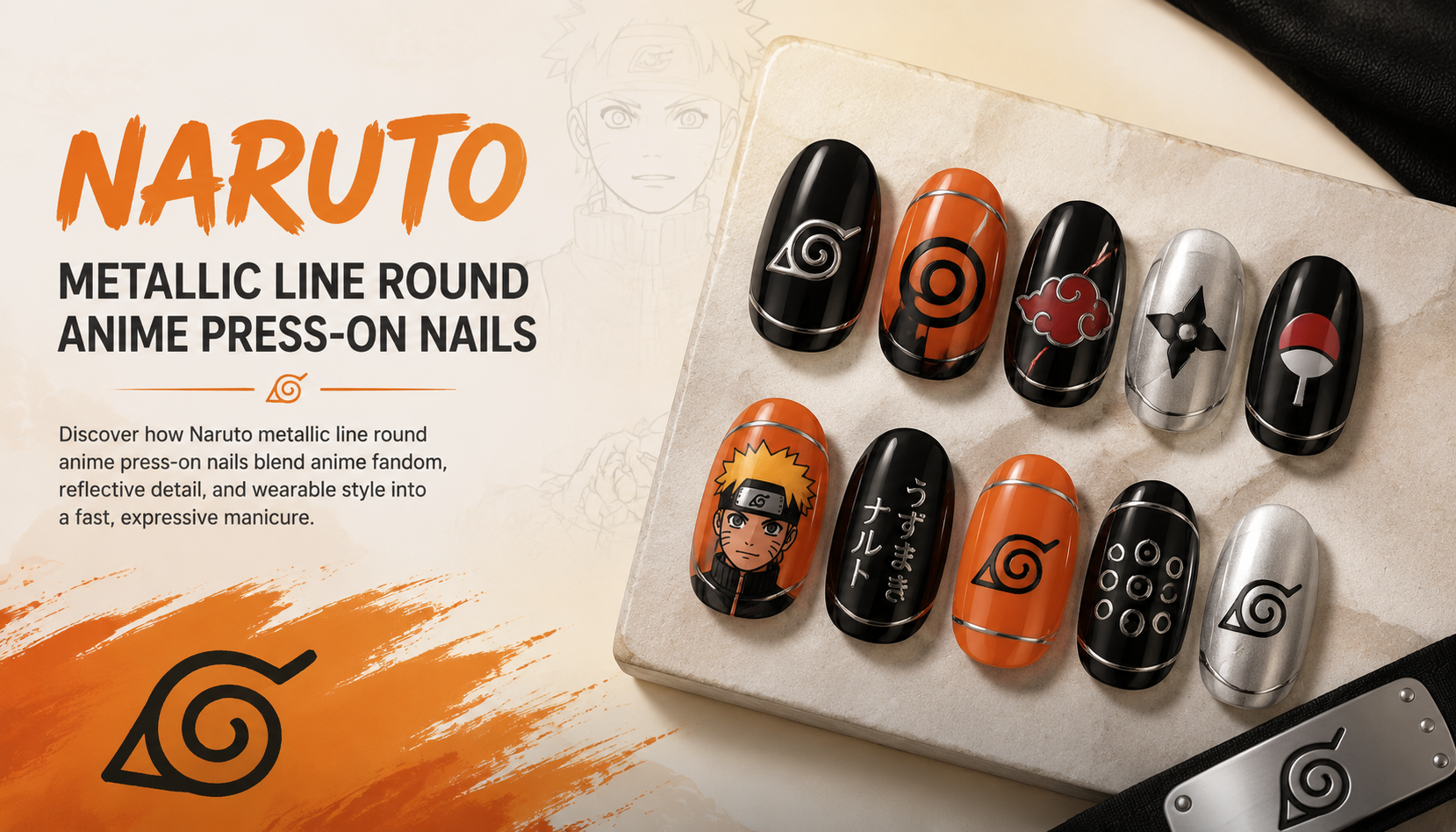 Naruto Metallic Line Round Anime Press-On Nails