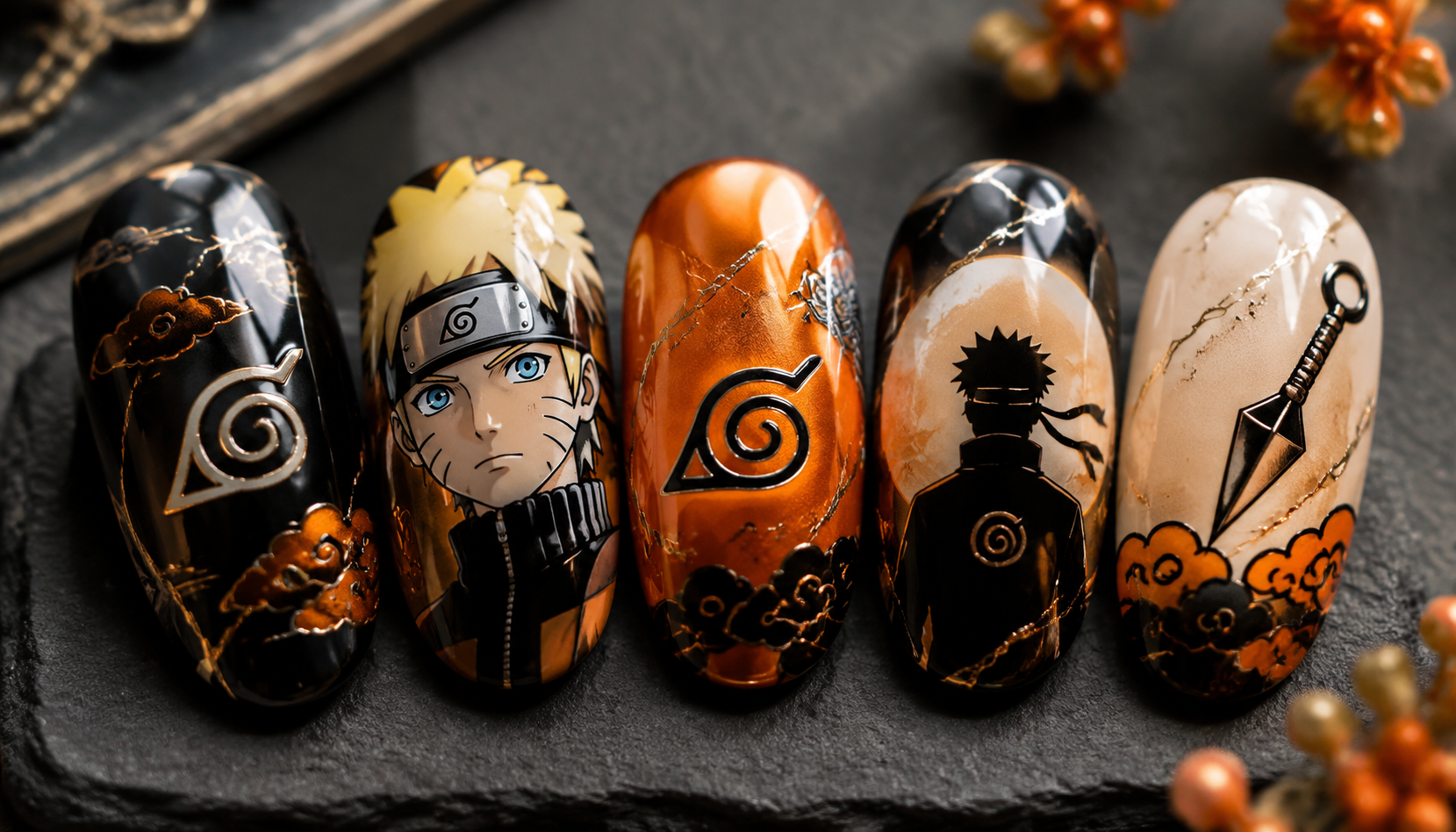 Detailed close-up showing the intricate hand-painted art of Naruto Metallic Line Round Anime Press-On Nails