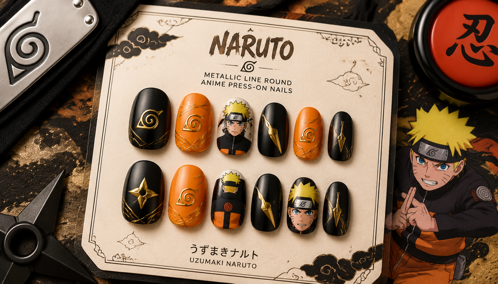 Styling look of Naruto Metallic Line Round Anime Press-On Nails on hands matching modern anime fashion