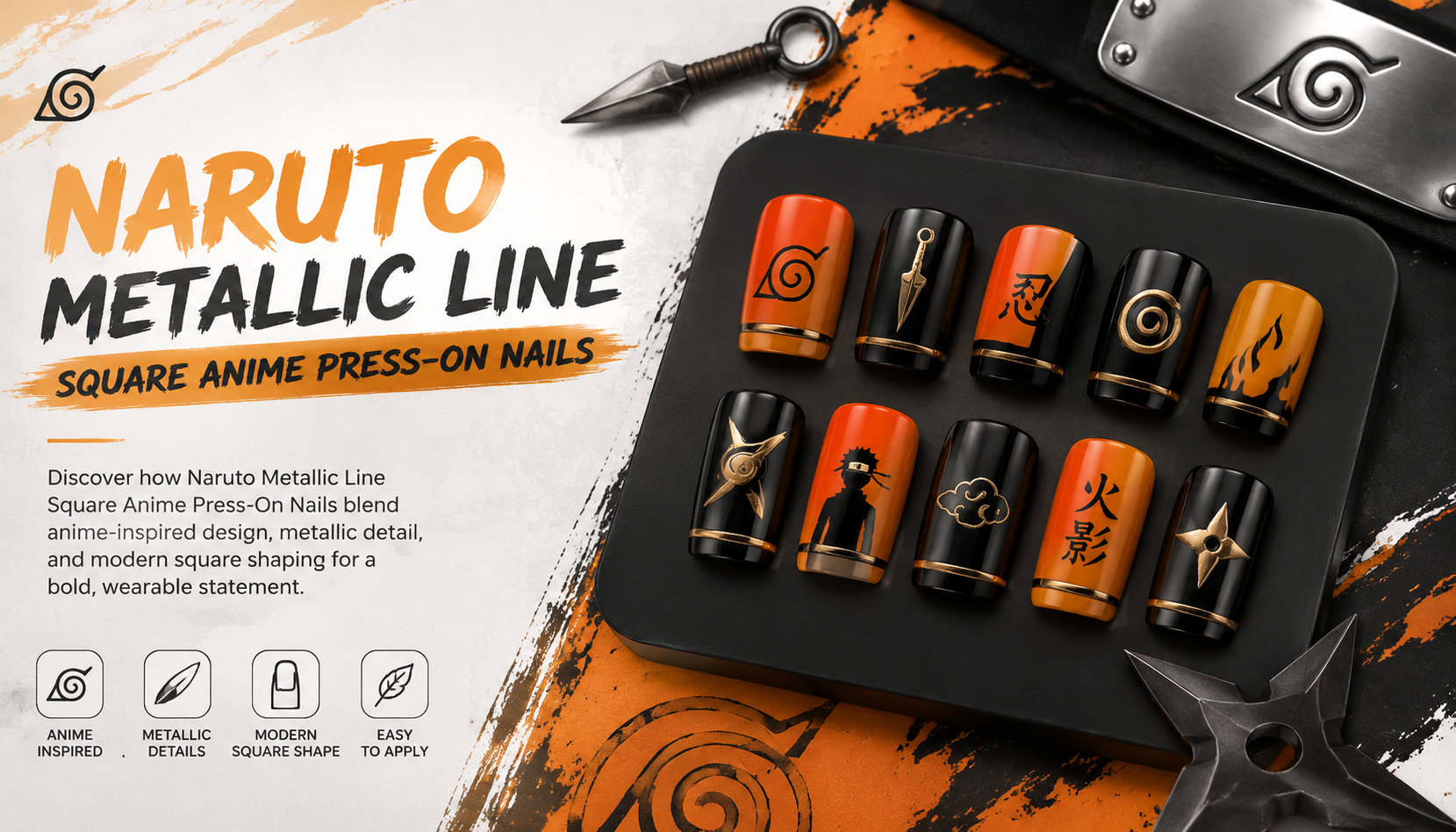 Naruto Metallic Line Square Anime Press-On Nails