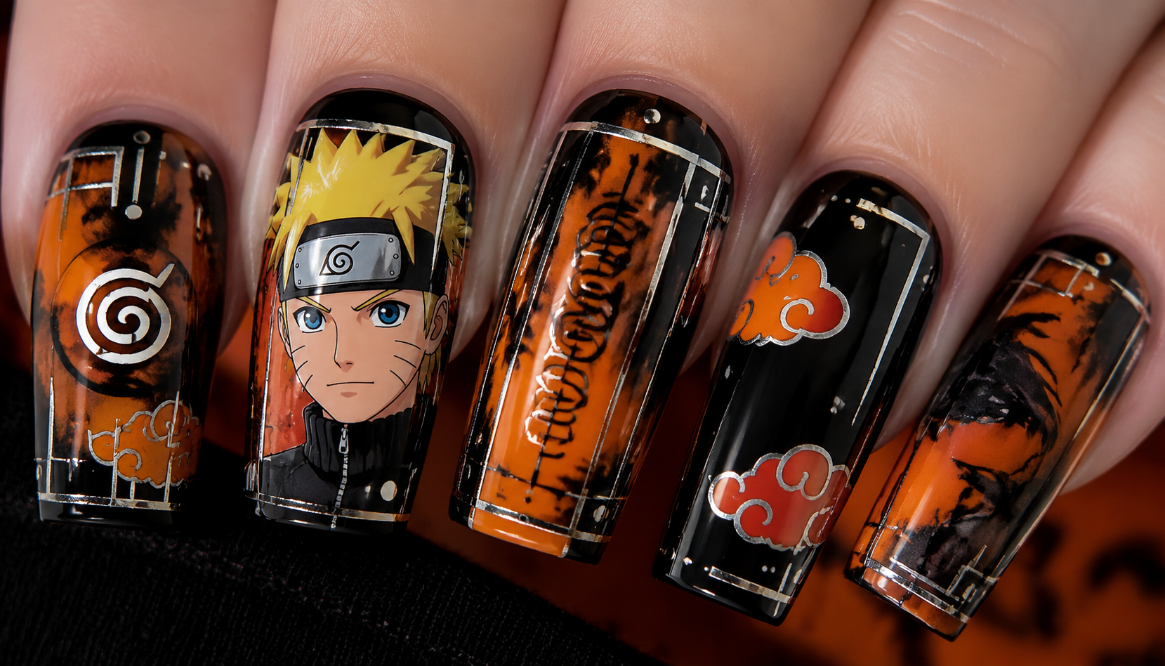 Detailed close-up showing the intricate hand-painted art of Naruto Metallic Line Square Anime Press-On Nails