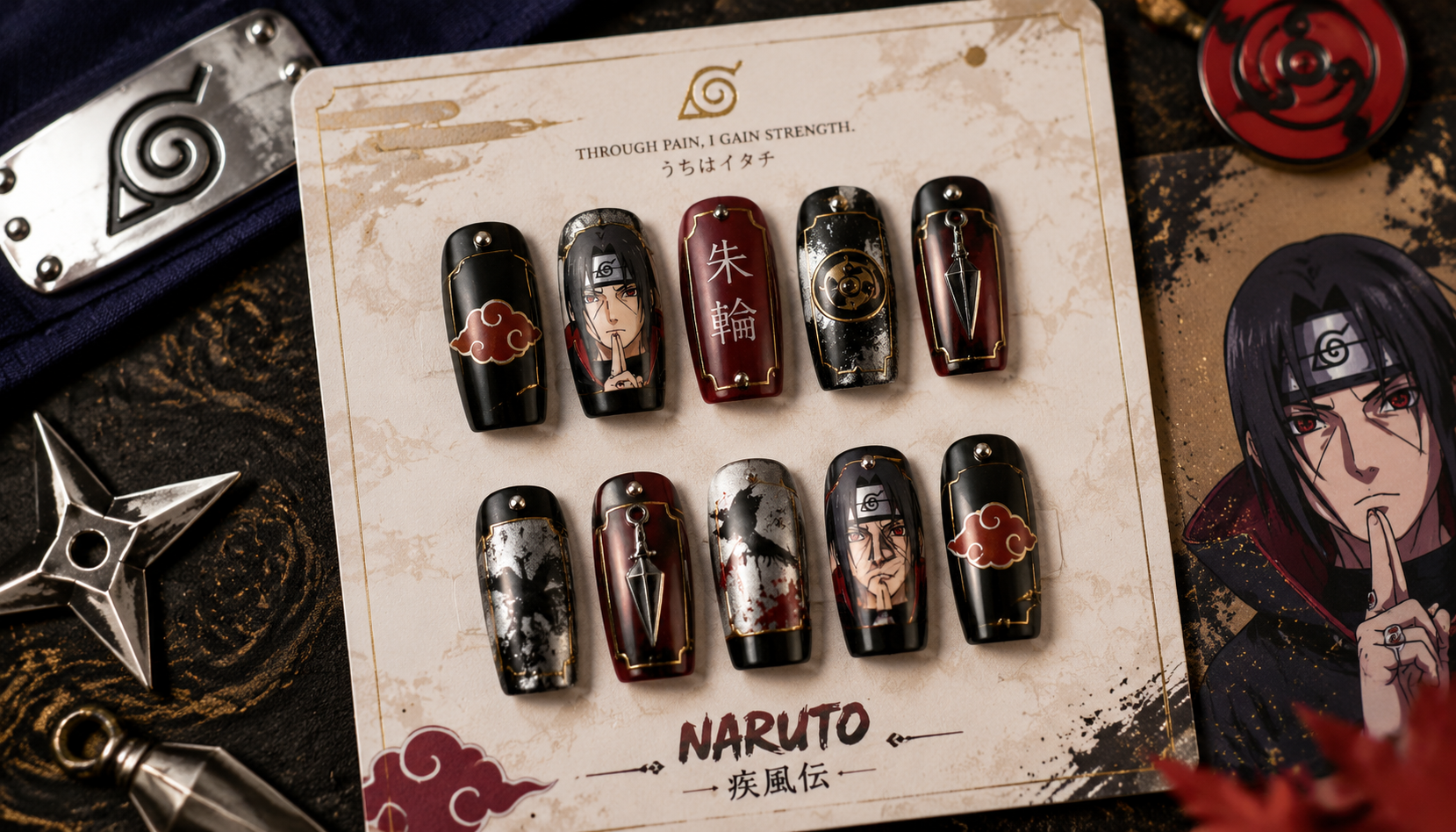Styling look of Naruto Metallic Line Square Anime Press-On Nails on hands matching modern anime fashion