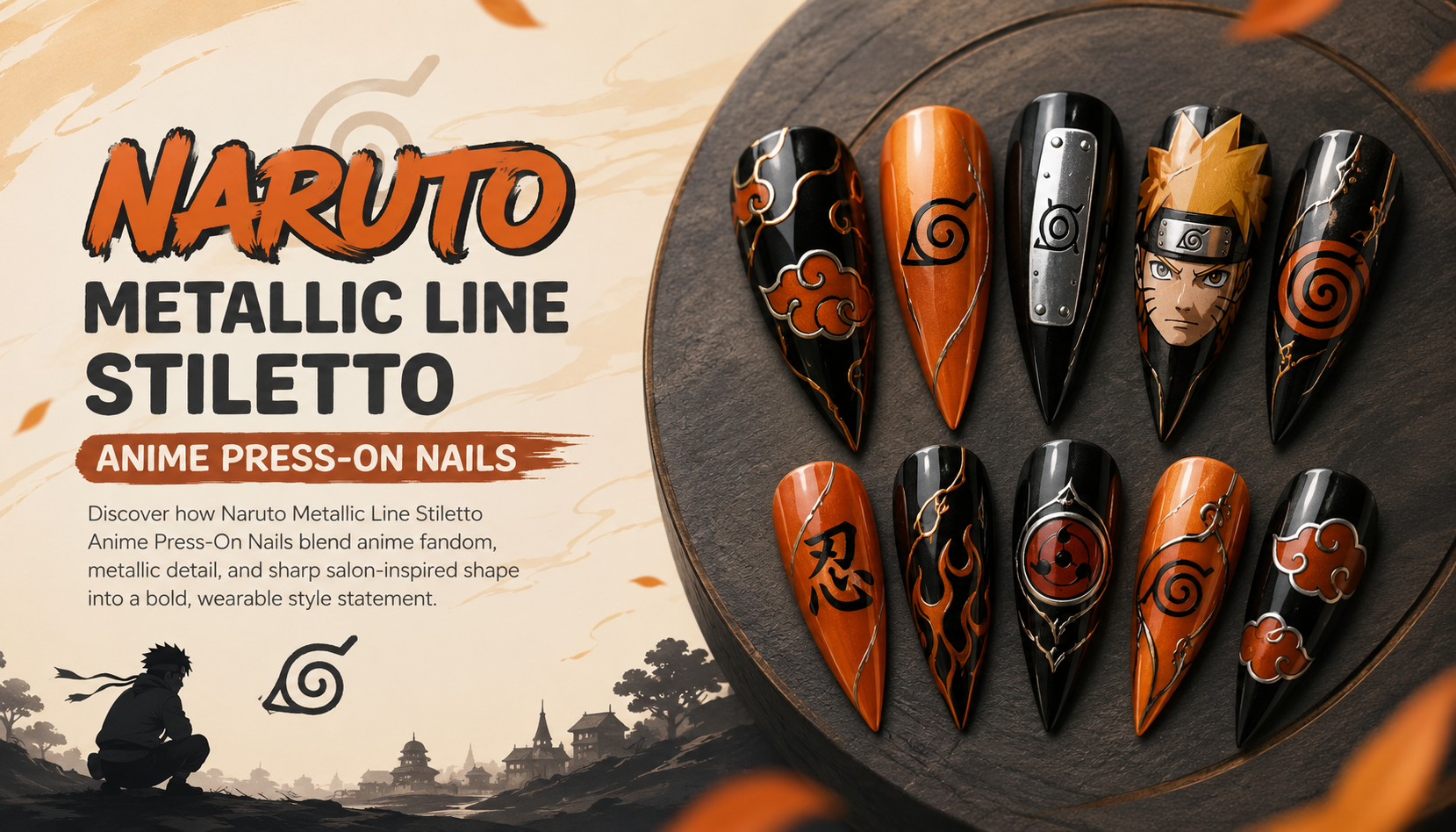 Naruto Metallic Line Stiletto Anime Press-On Nails