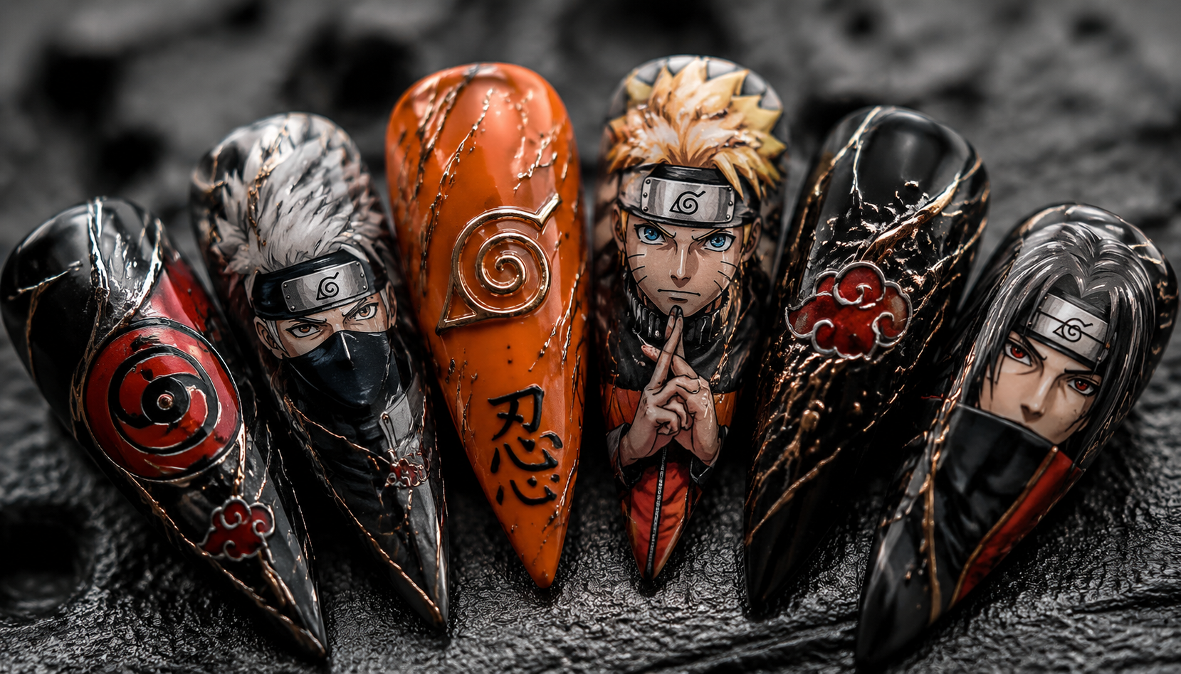 Detailed close-up showing the intricate hand-painted art of Naruto Metallic Line Stiletto Anime Press-On Nails