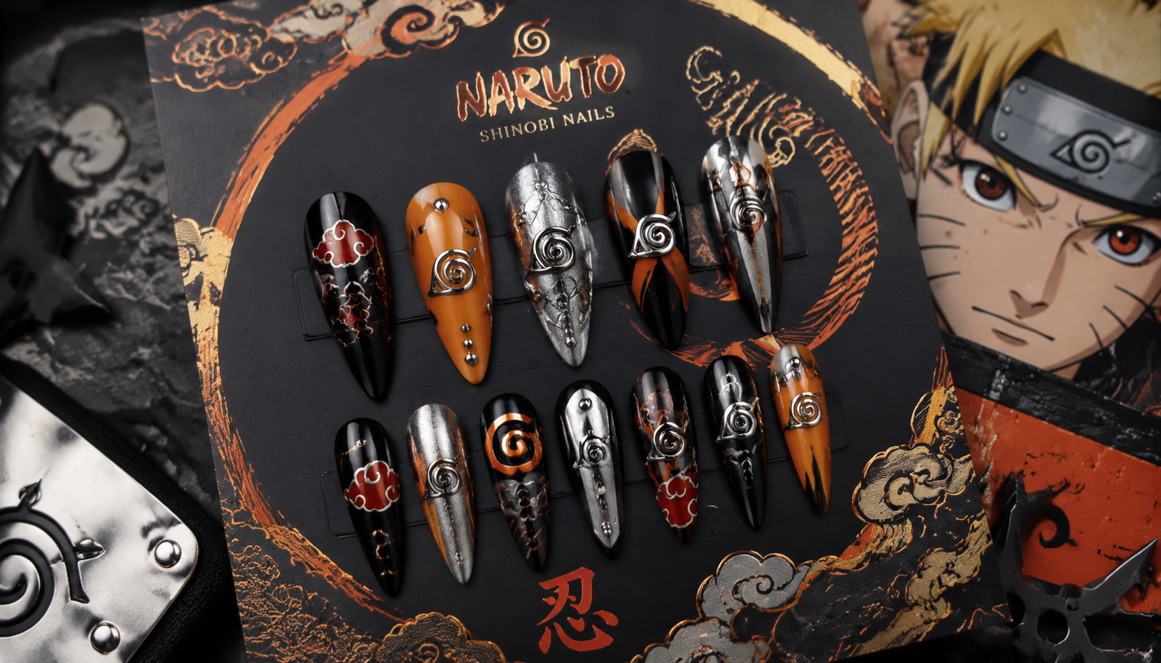 Styling look of Naruto Metallic Line Stiletto Anime Press-On Nails on hands matching modern anime fashion
