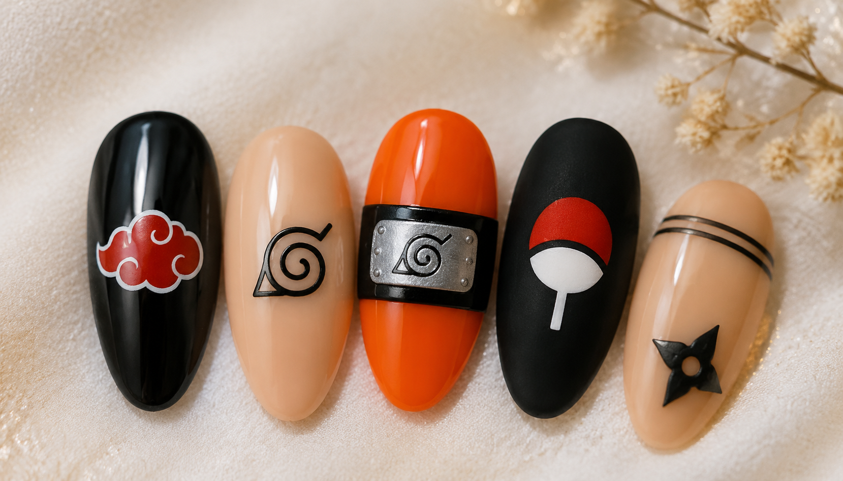 Detailed close-up showing the intricate hand-painted art of Naruto Minimalist Symbol Almond Anime Press-On Nails