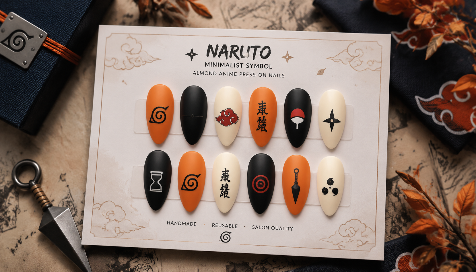Styling look of Naruto Minimalist Symbol Almond Anime Press-On Nails on hands matching modern anime fashion