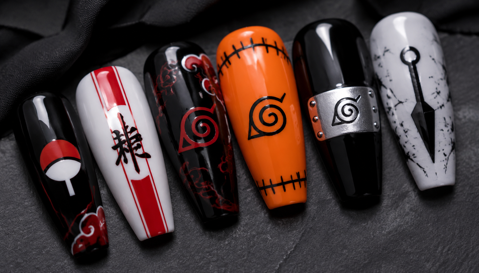 Detailed close-up showing the intricate hand-painted art of Naruto Minimalist Symbol Coffin Anime Press-On Nails