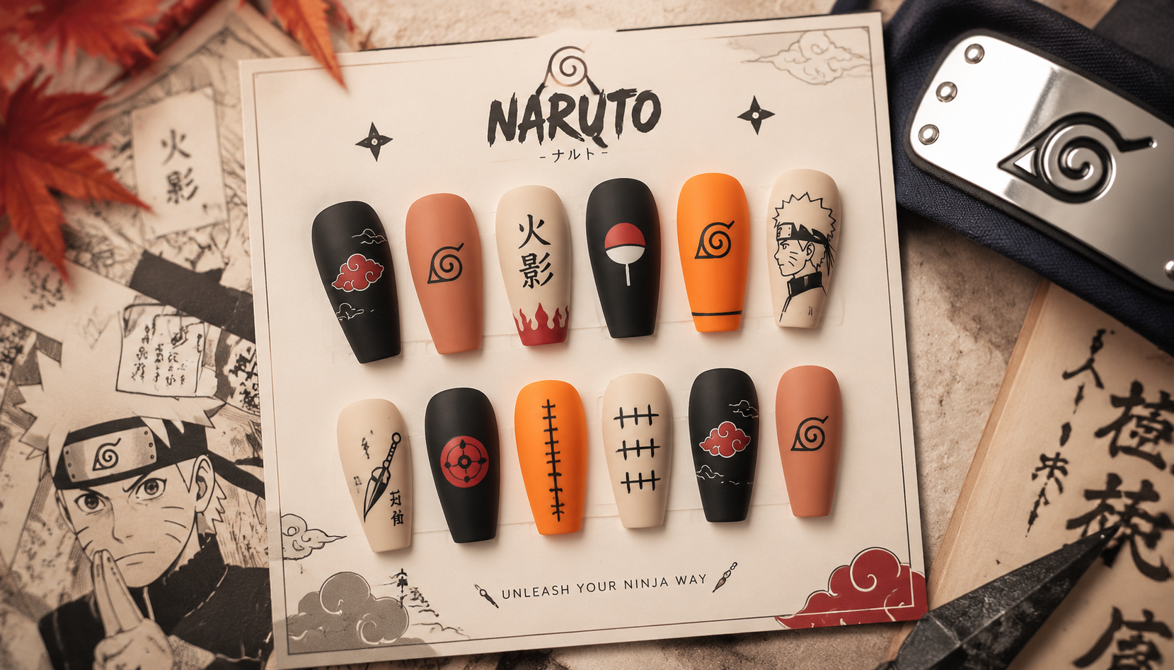 Styling look of Naruto Minimalist Symbol Coffin Anime Press-On Nails on hands matching modern anime fashion