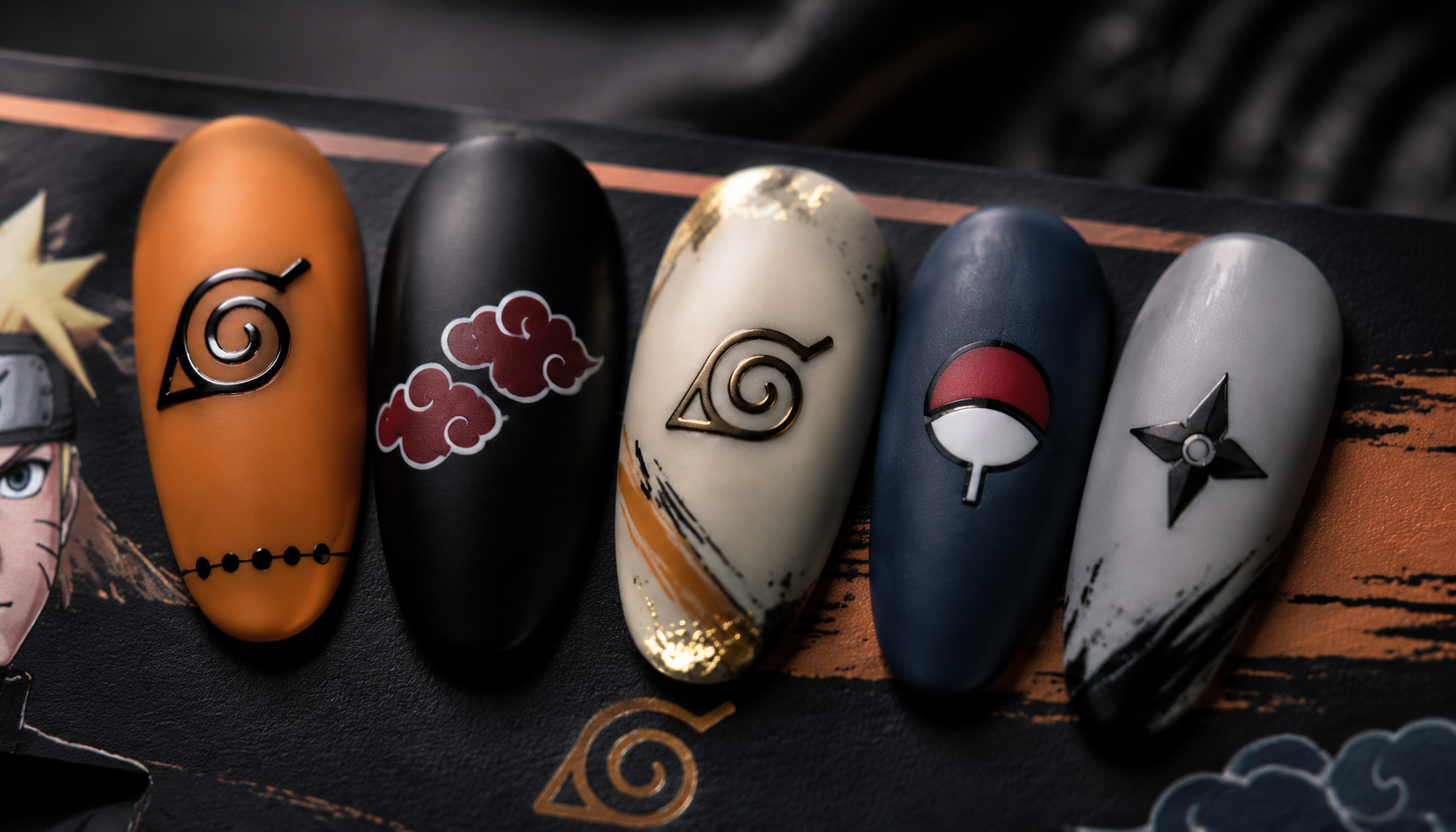 Detailed close-up showing the intricate hand-painted art of Naruto Minimalist Symbol Oval Anime Press-On Nails