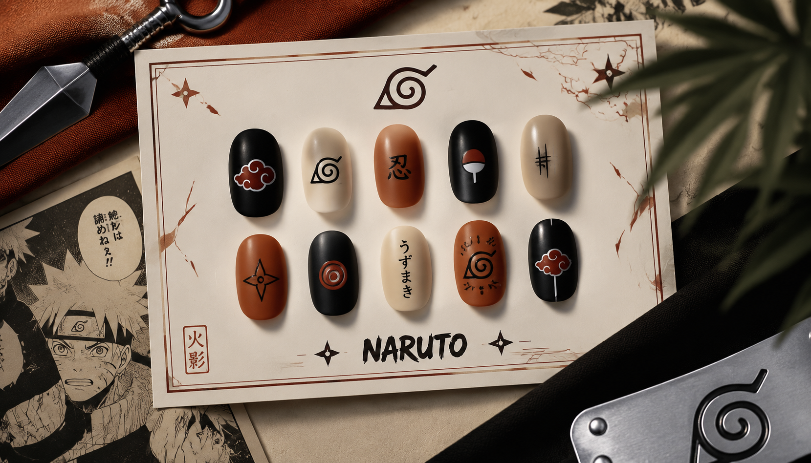 Styling look of Naruto Minimalist Symbol Oval Anime Press-On Nails on hands matching modern anime fashion