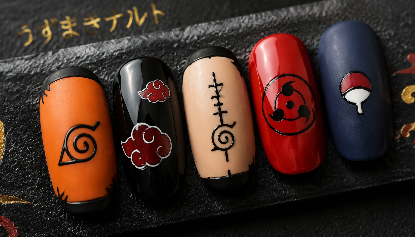 Detailed close-up showing the intricate hand-painted art of Naruto Minimalist Symbol Round Anime Press-On Nails