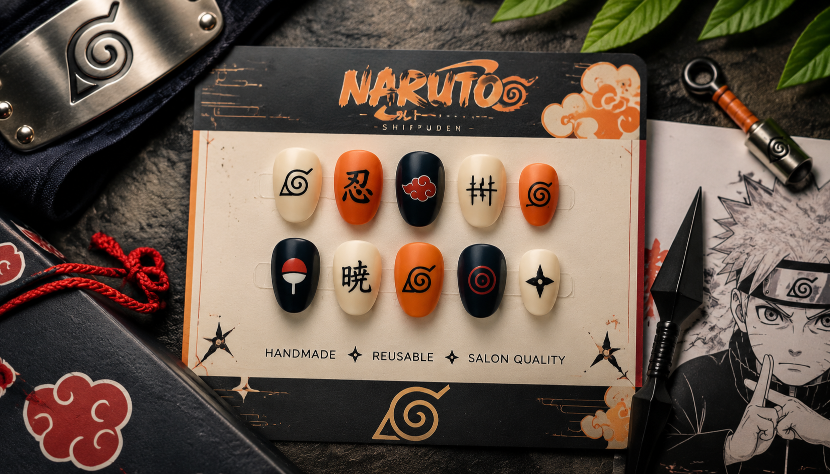 Styling look of Naruto Minimalist Symbol Round Anime Press-On Nails on hands matching modern anime fashion