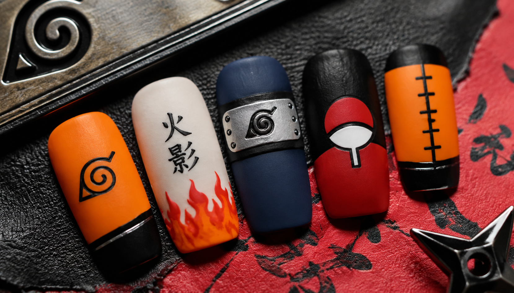 Detailed close-up showing the intricate hand-painted art of Naruto Minimalist Symbol Square Anime Press-On Nails