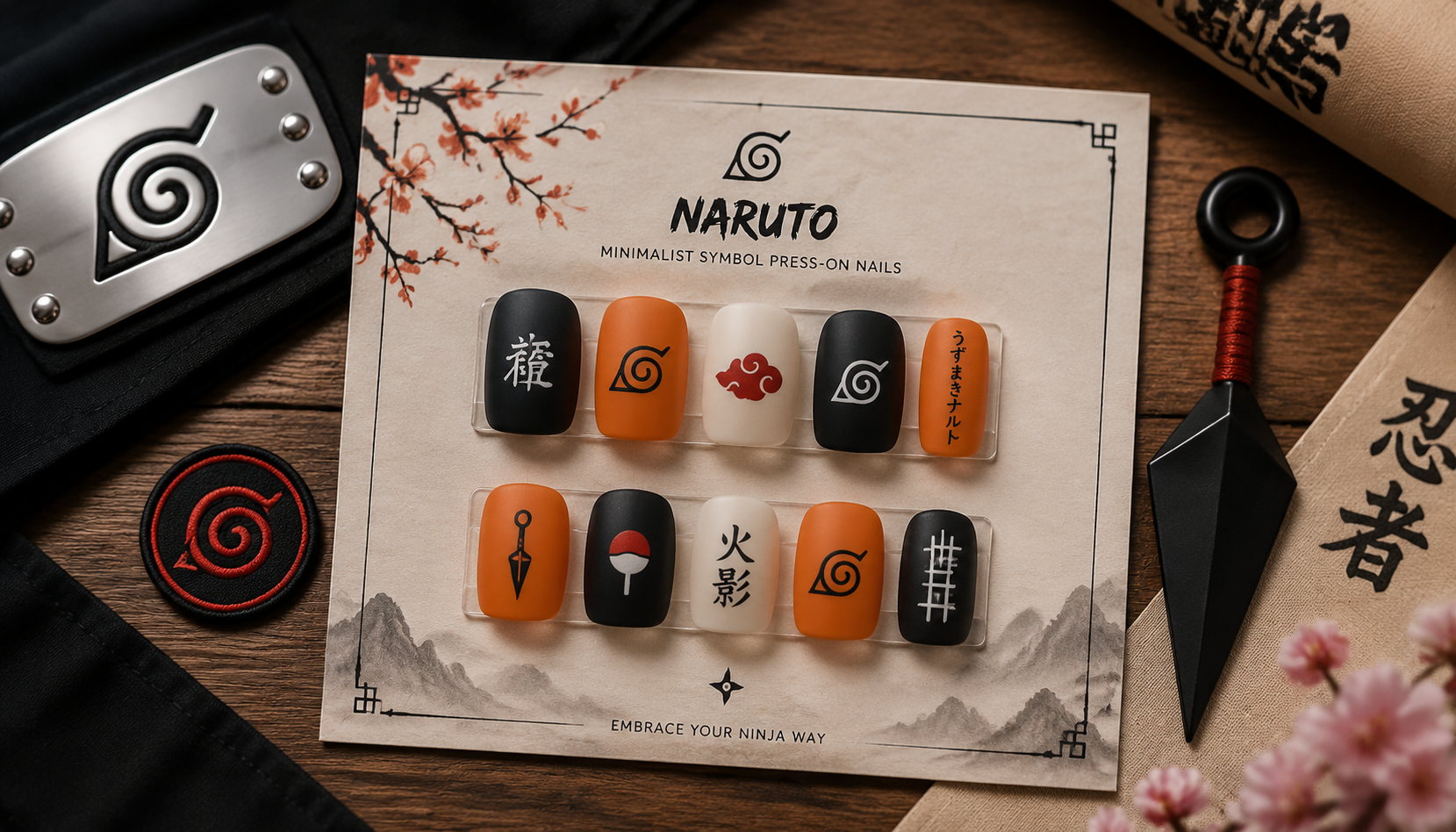 Styling look of Naruto Minimalist Symbol Square Anime Press-On Nails on hands matching modern anime fashion