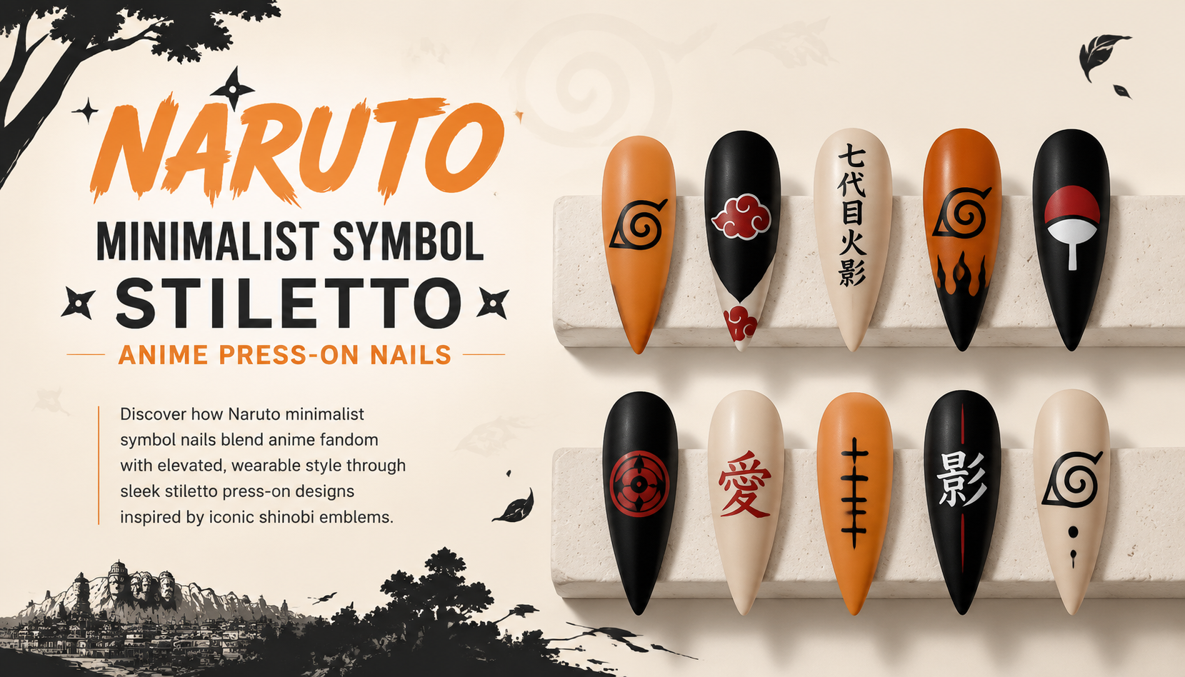 Naruto Minimalist Symbol Stiletto Anime Press-On Nails