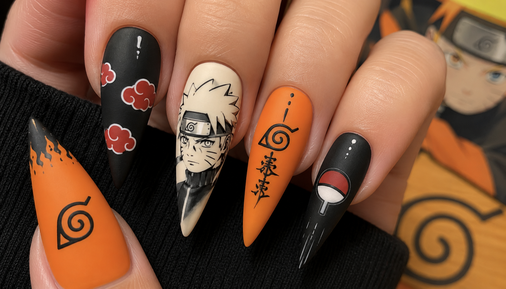 Detailed close-up showing the intricate hand-painted art of Naruto Minimalist Symbol Stiletto Anime Press-On Nails