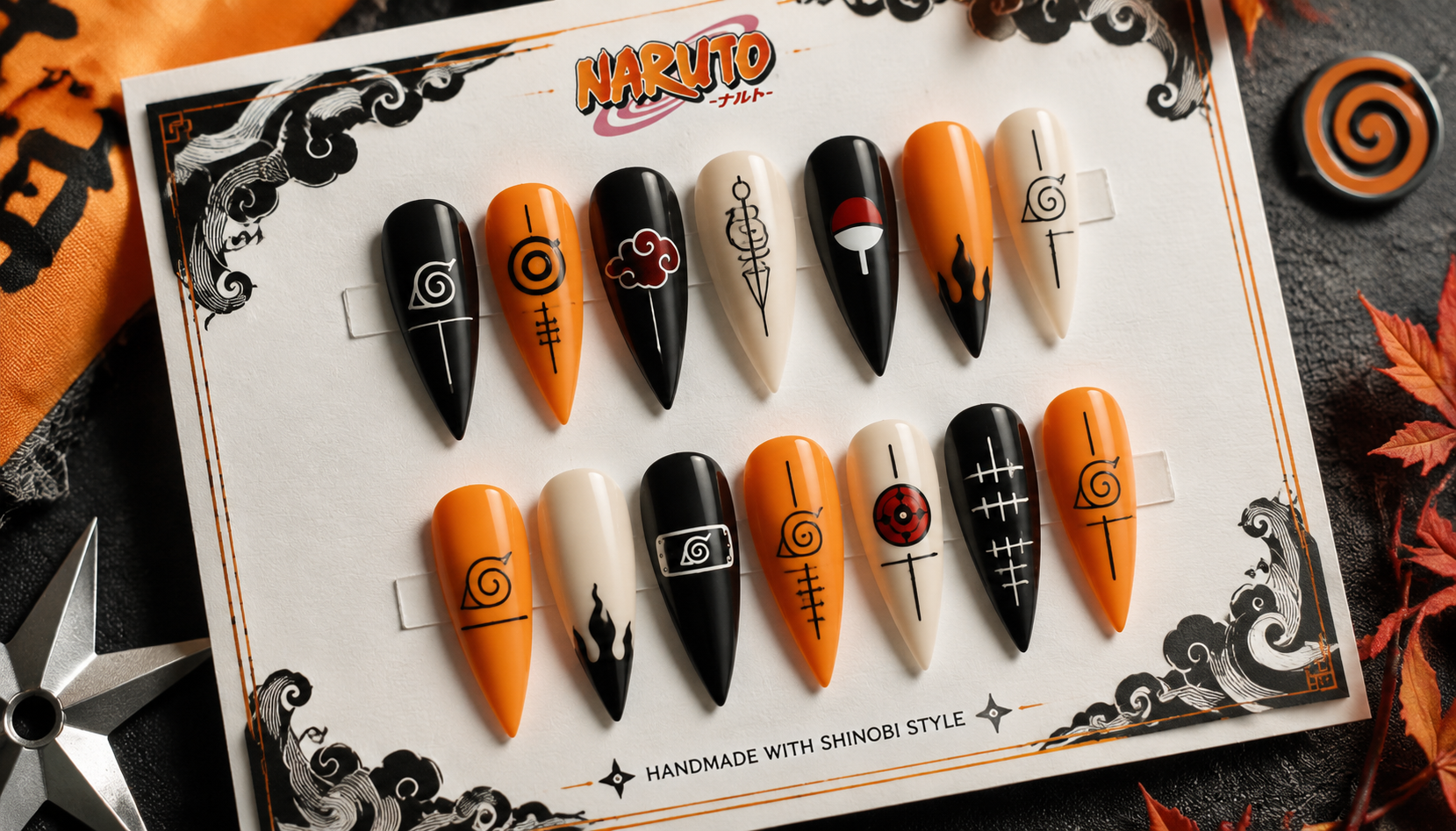 Styling look of Naruto Minimalist Symbol Stiletto Anime Press-On Nails on hands matching modern anime fashion