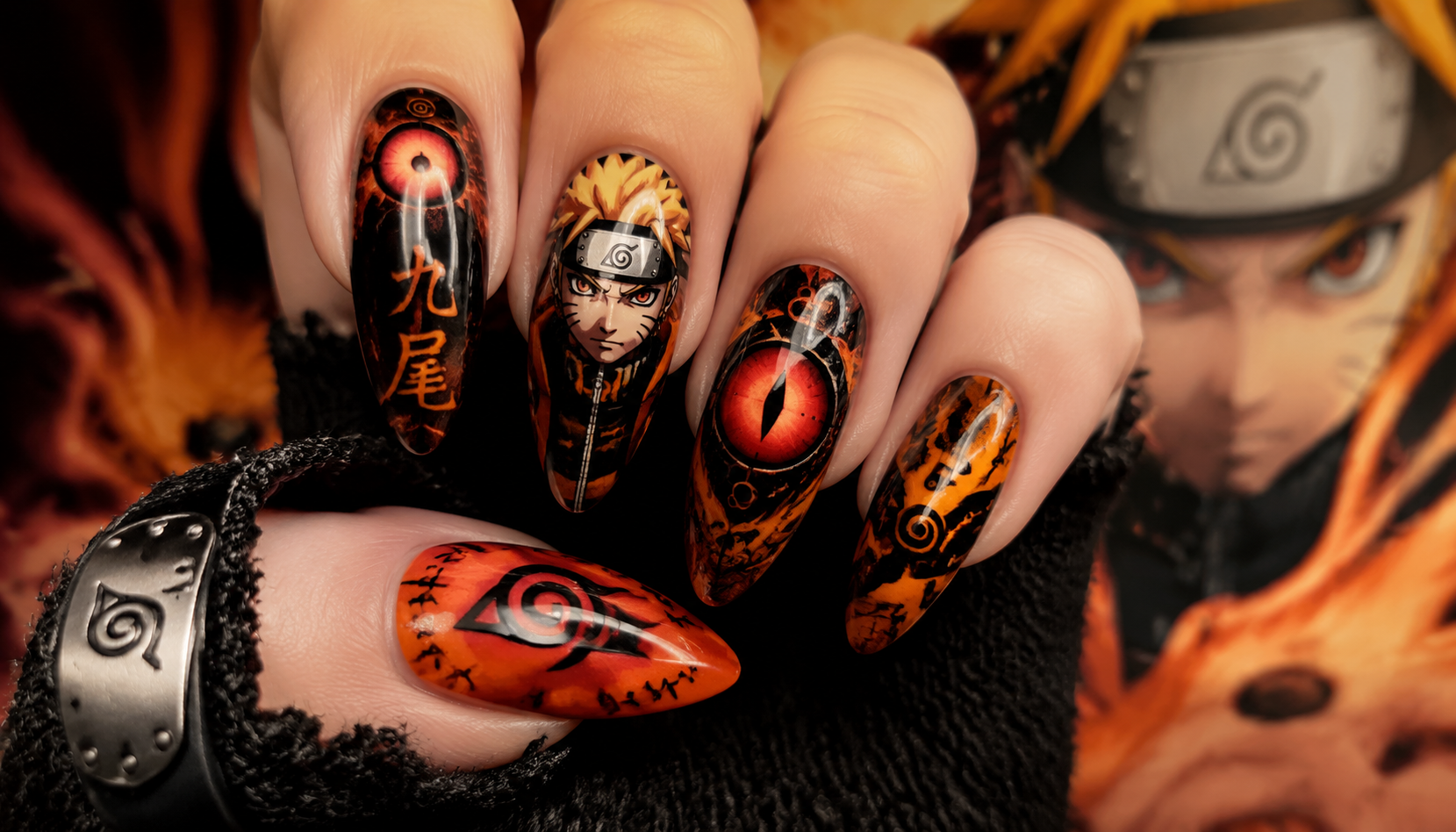 Detailed close-up of Naruto Uzumaki Nine-Tails Sage Cursed Nails custom handmade nail design