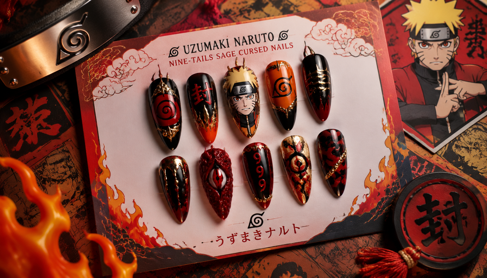 Handmade custom Naruto Uzumaki Nine-Tails Sage Cursed Nails worn on hand styling showcase