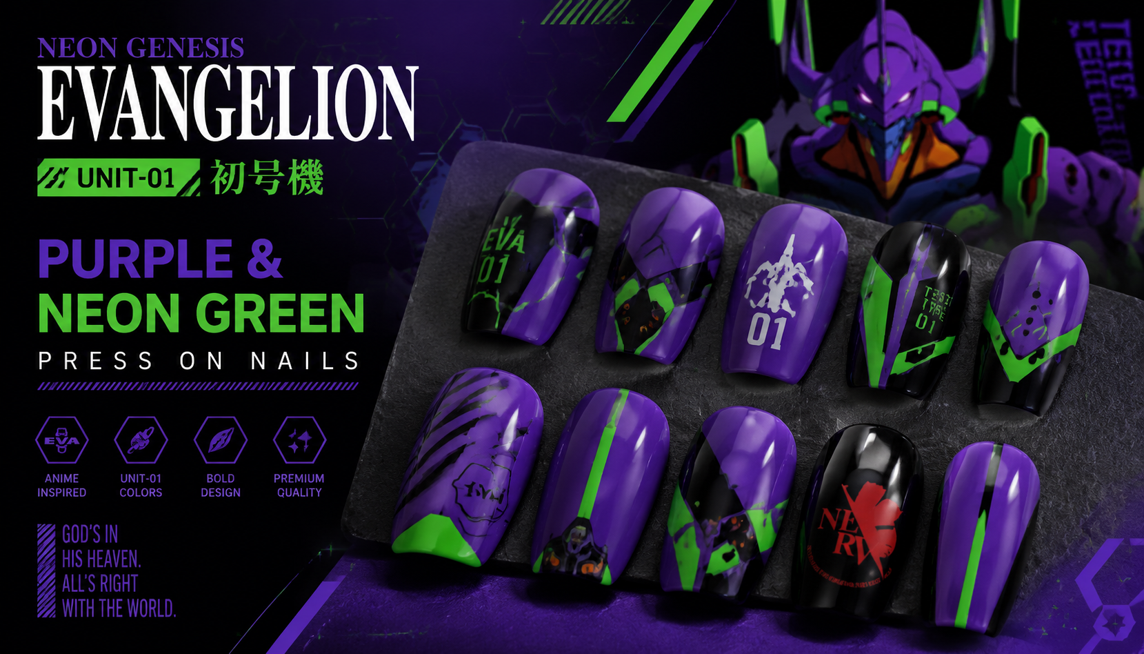 Neon Genesis Evangelion Unit-01 Purple Neon Green Nails