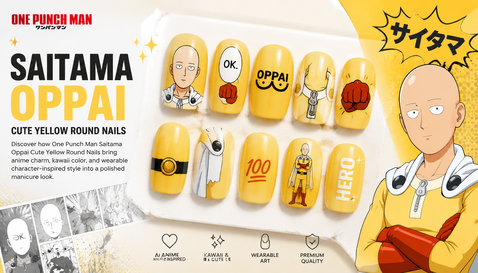 One Punch Man Saitama Oppai Cute Yellow Round Nails