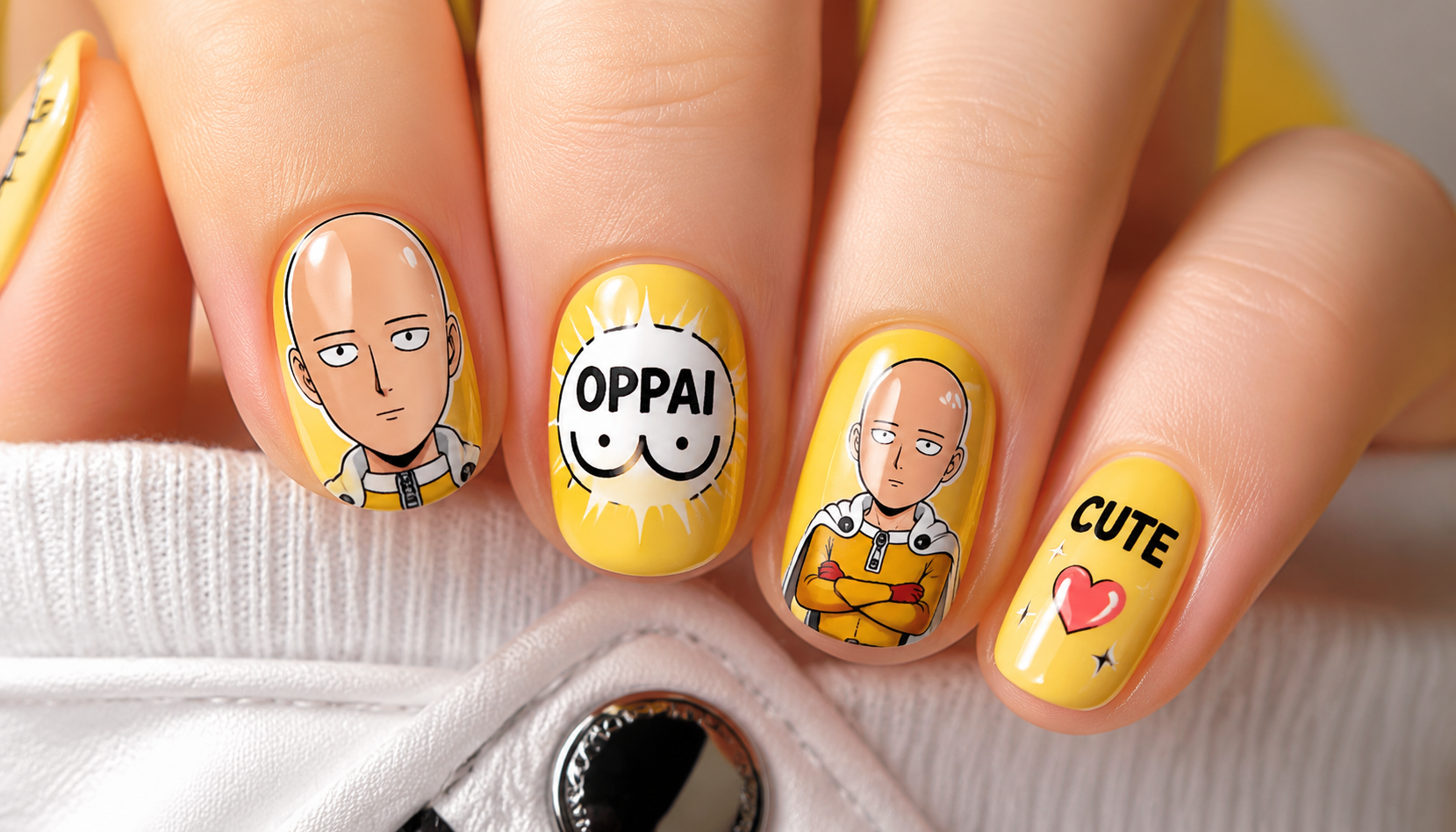 Detailed close-up showing the intricate hand-painted art of One Punch Man Saitama Oppai Cute Yellow Round Nails