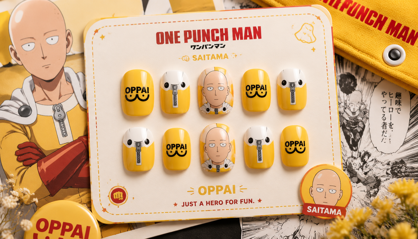 Styling look of One Punch Man Saitama Oppai Cute Yellow Round Nails on hands matching modern anime fashion