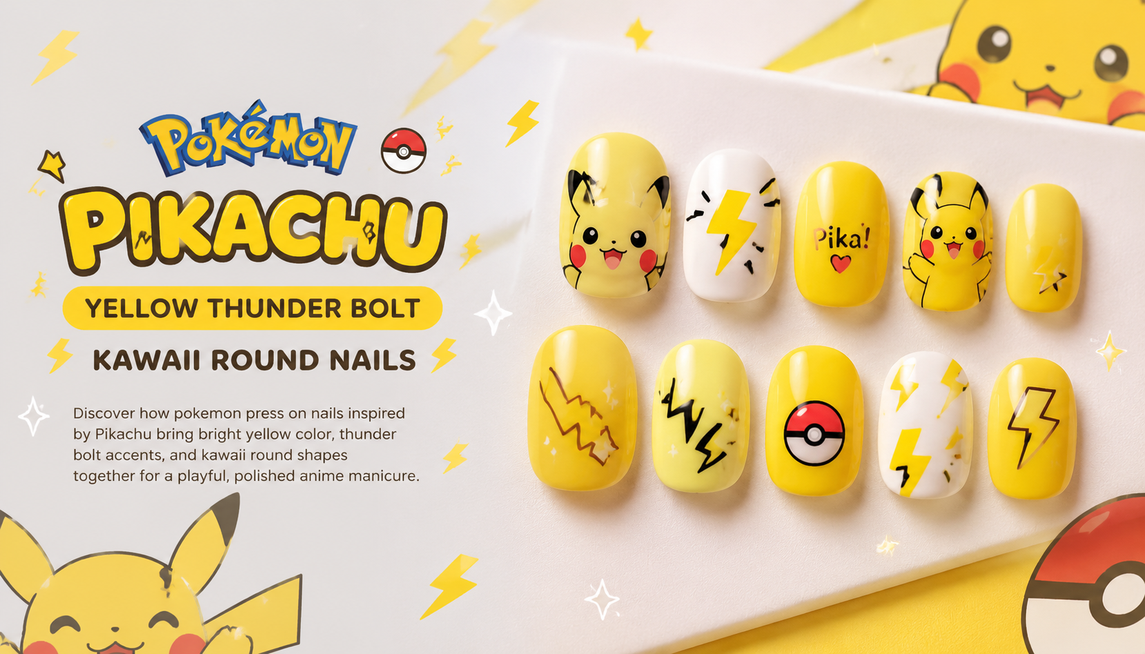 Pokemon Pikachu Yellow Thunder Bolt Kawaii Round Nails