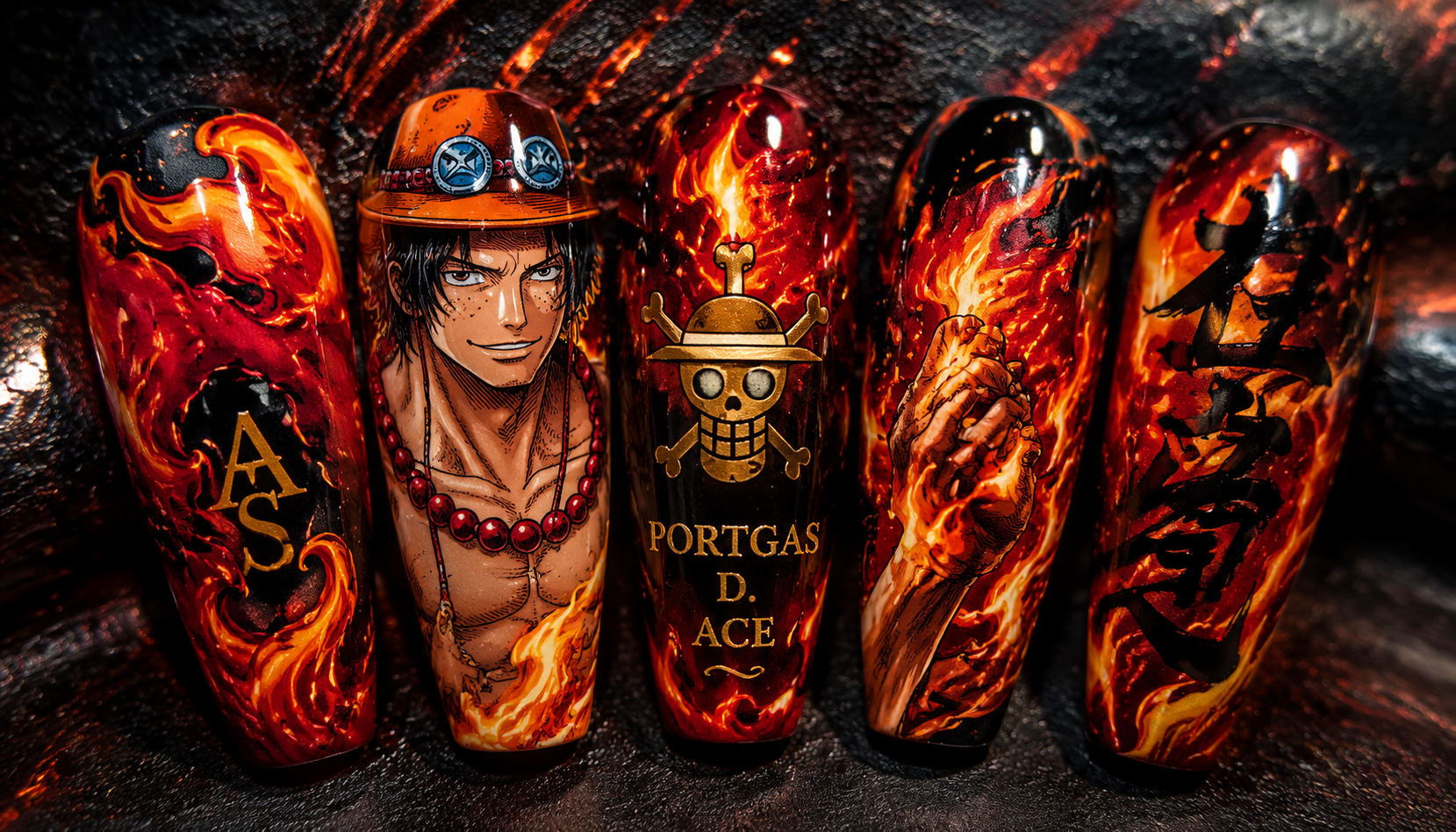 Detailed close-up of Portgas D. Ace Fire Fist Crimson Flame Nails custom handmade nail design