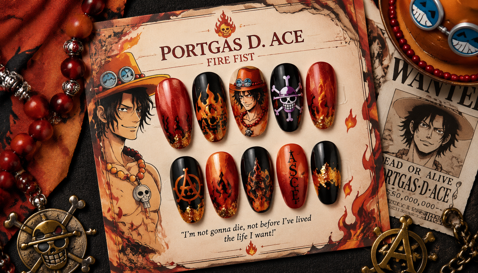 Handmade custom Portgas D. Ace Fire Fist Crimson Flame Nails worn on hand styling showcase