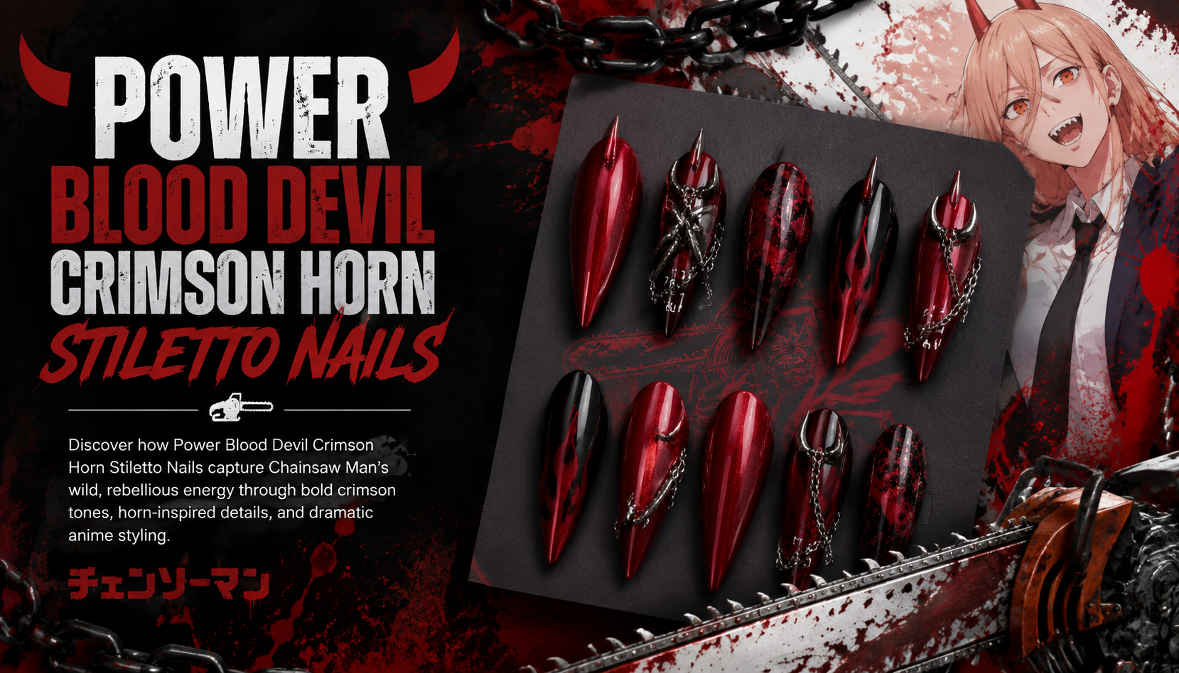 Power Blood Devil Crimson Horn Stiletto Nails
