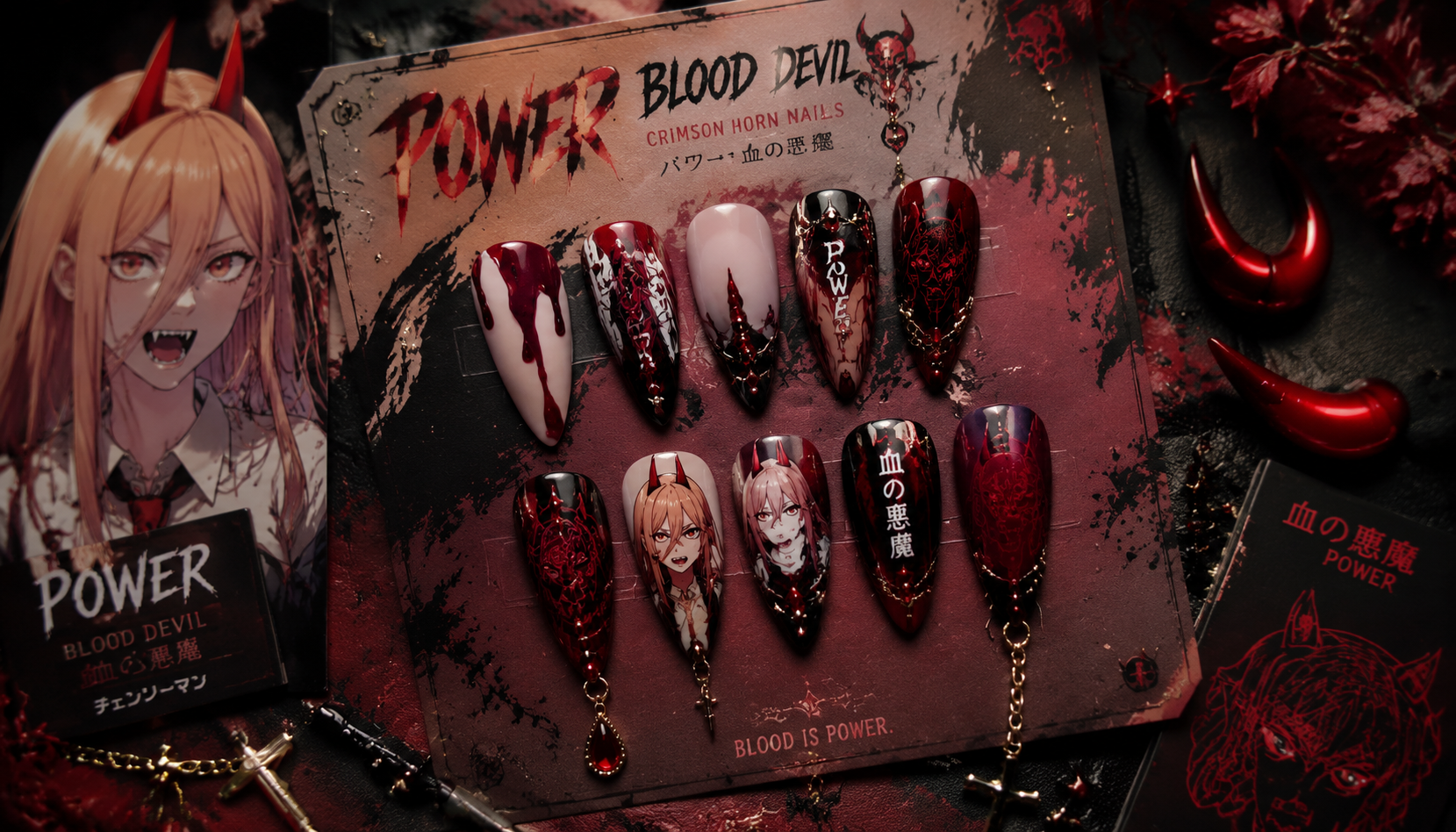 Styling look of Power Blood Devil Crimson Horn Stiletto Nails on hands matching modern anime fashion