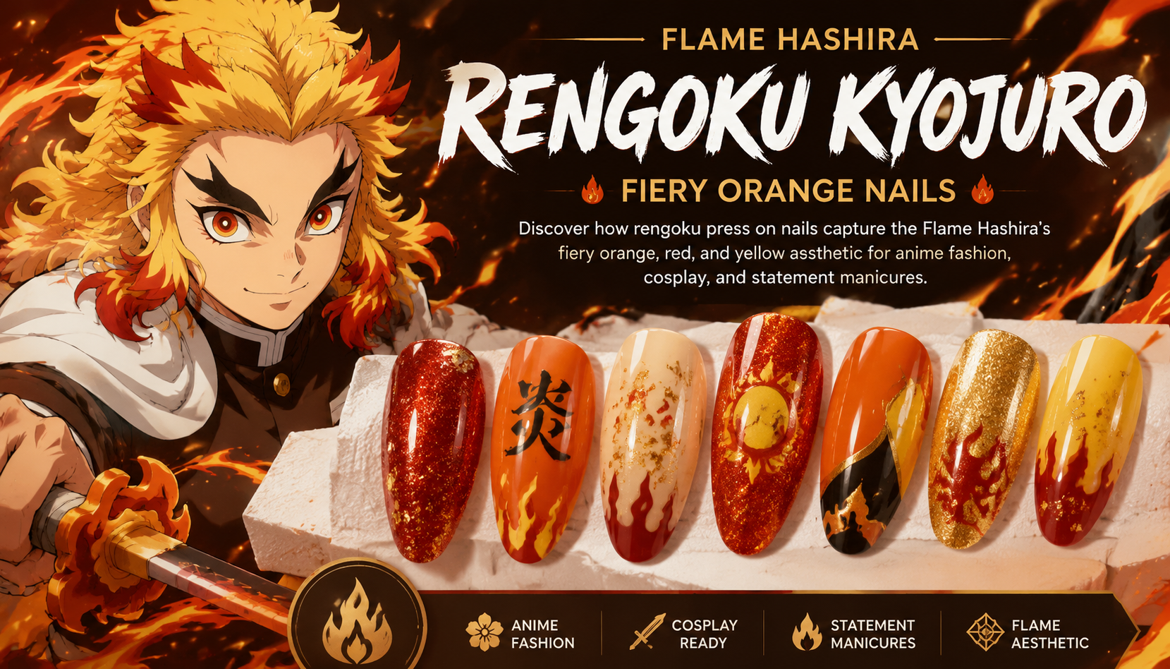 Rengoku Kyojuro Flame Hashira Fiery Orange Nails