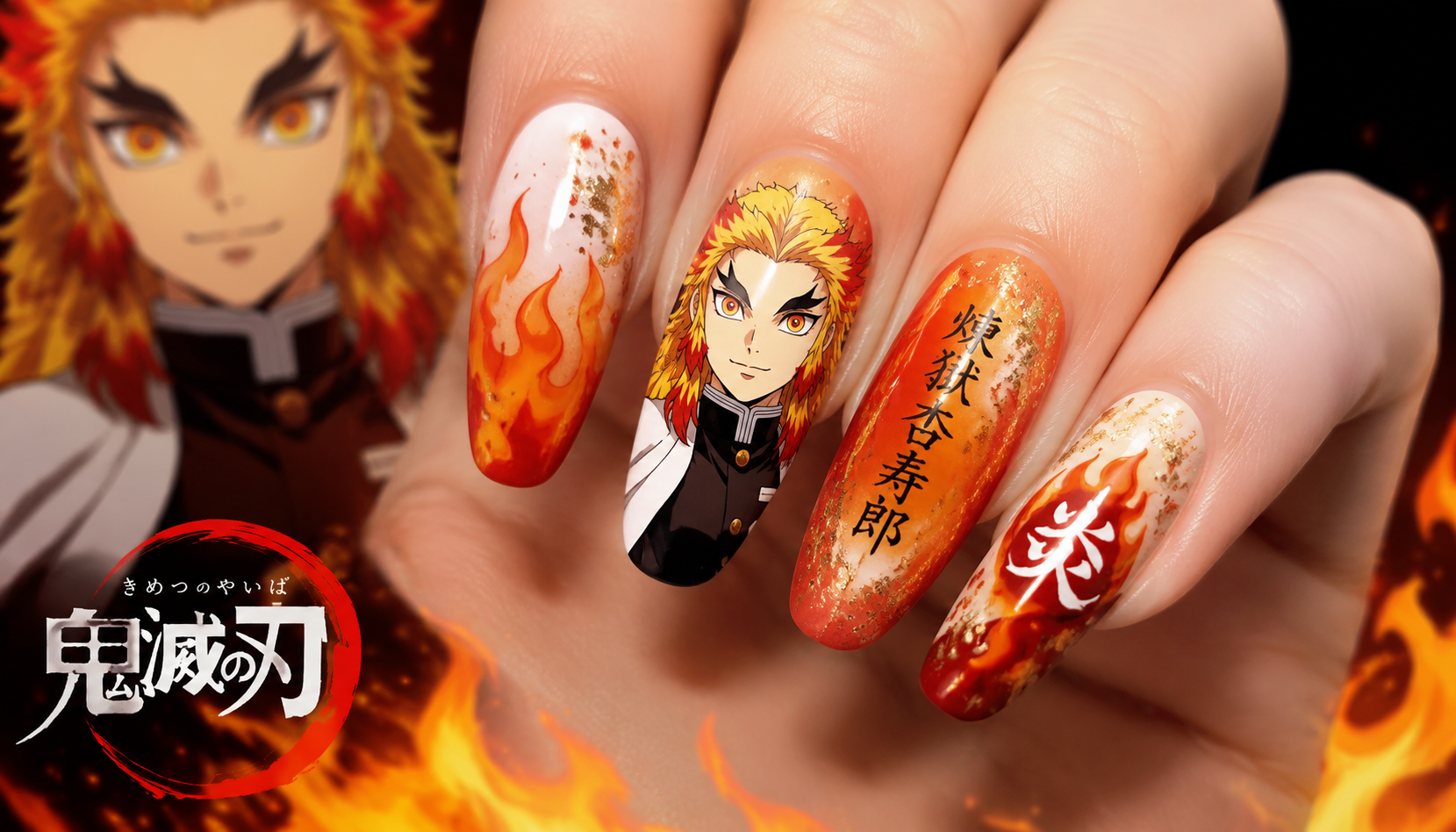 Detailed close-up of Rengoku Kyojuro Flame Hashira Fiery Orange Nails custom handmade nail design