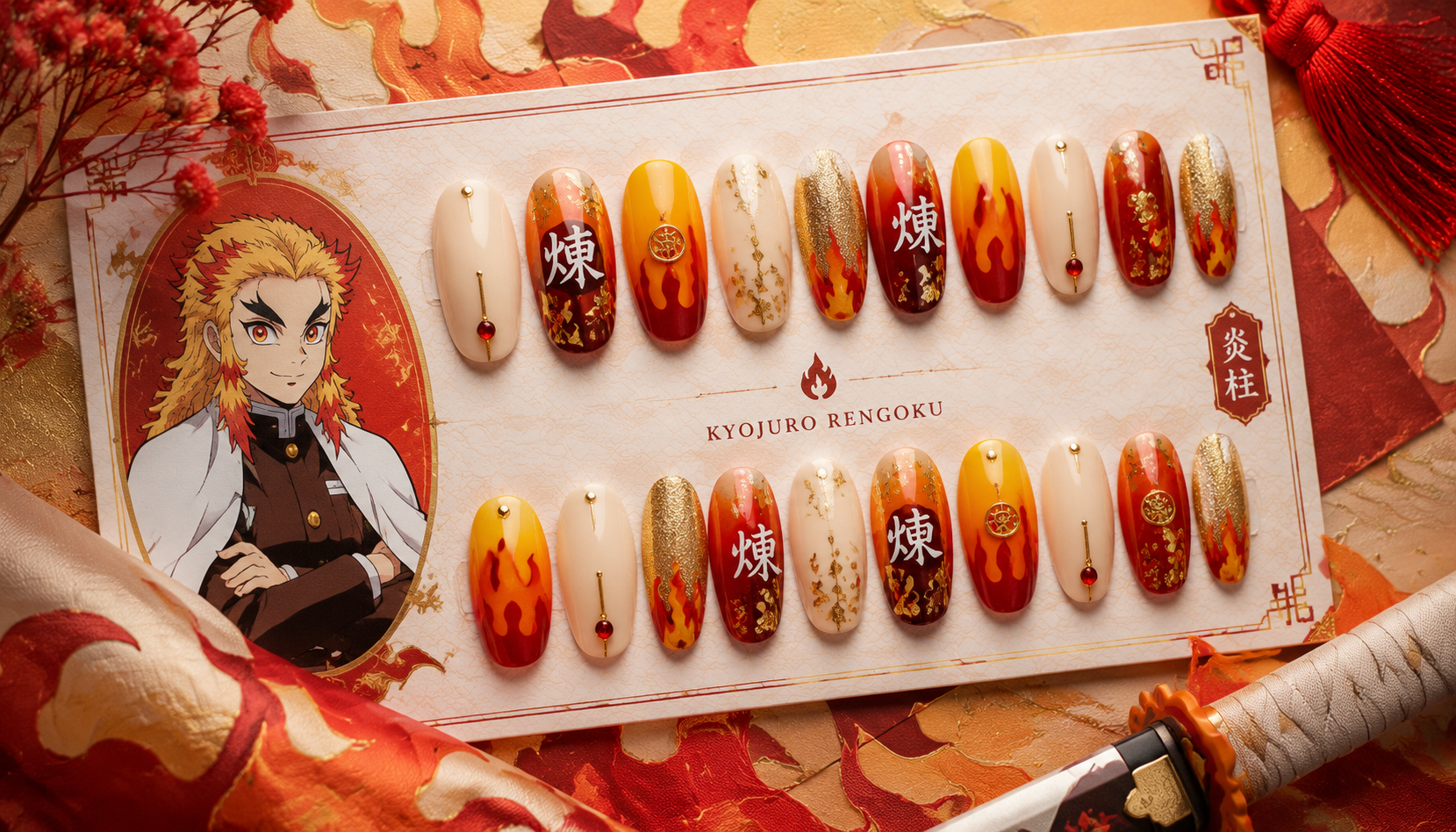Handmade custom Rengoku Kyojuro Flame Hashira Fiery Orange Nails worn on hand styling showcase