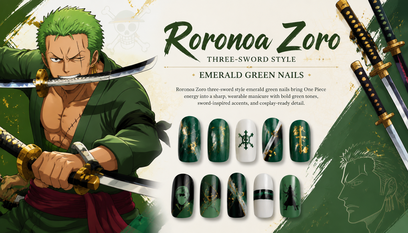 Roronoa Zoro Three-Sword Style Emerald Green Nails