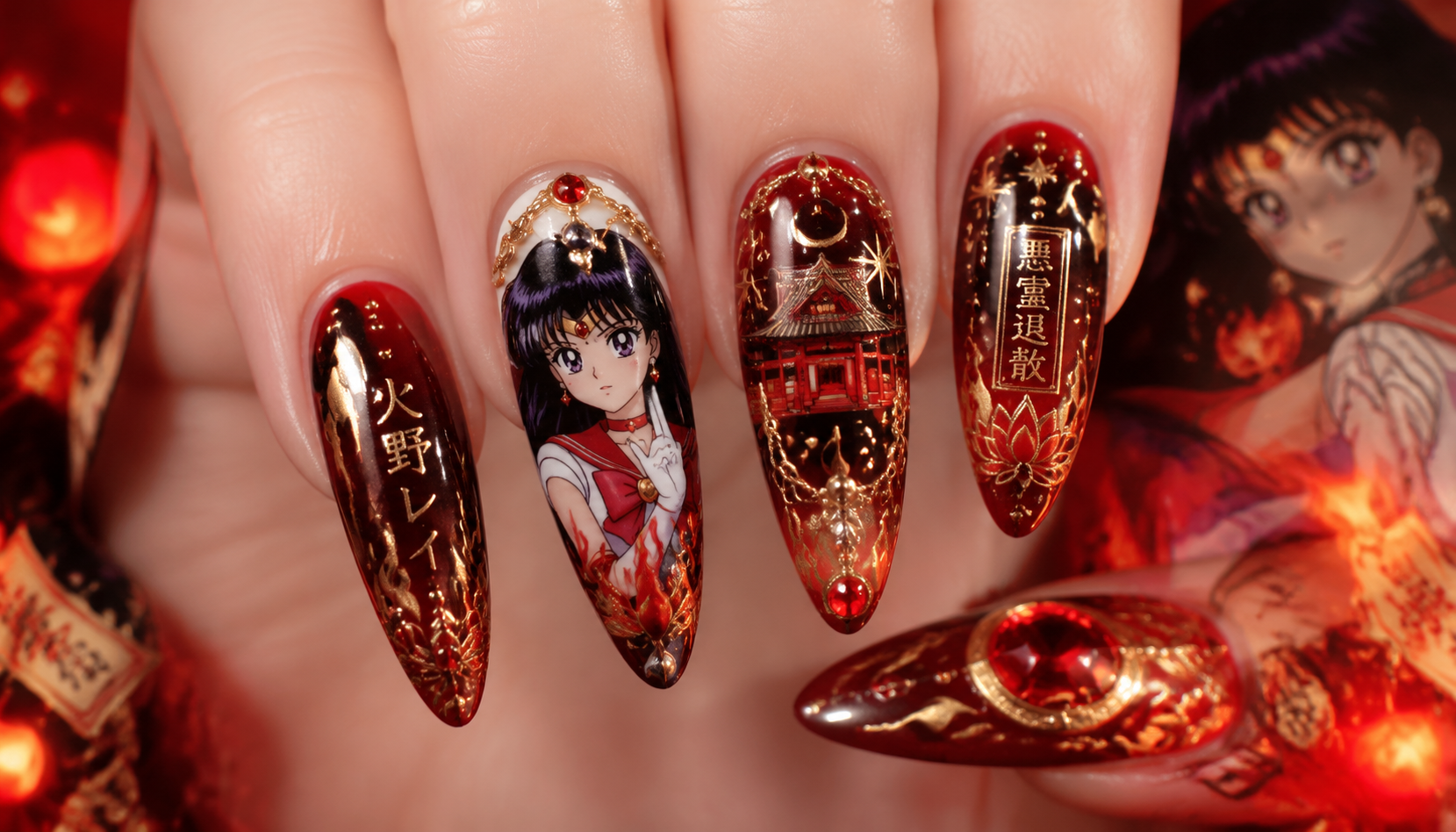 Detailed close-up of Sailor Mars Crimson Fire Temple Princess Nails custom handmade nail design