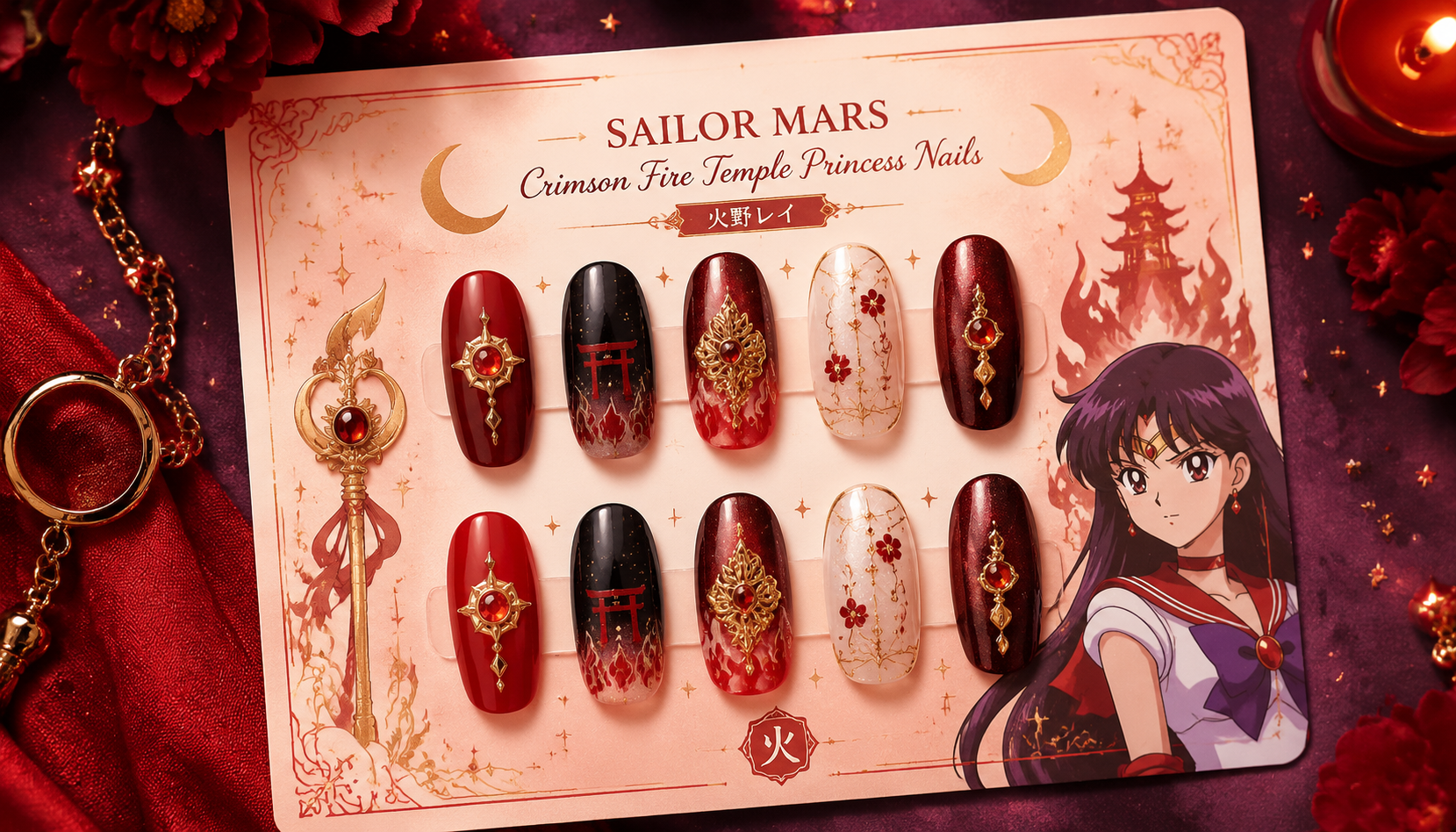 Handmade custom Sailor Mars Crimson Fire Temple Princess Nails worn on hand styling showcase