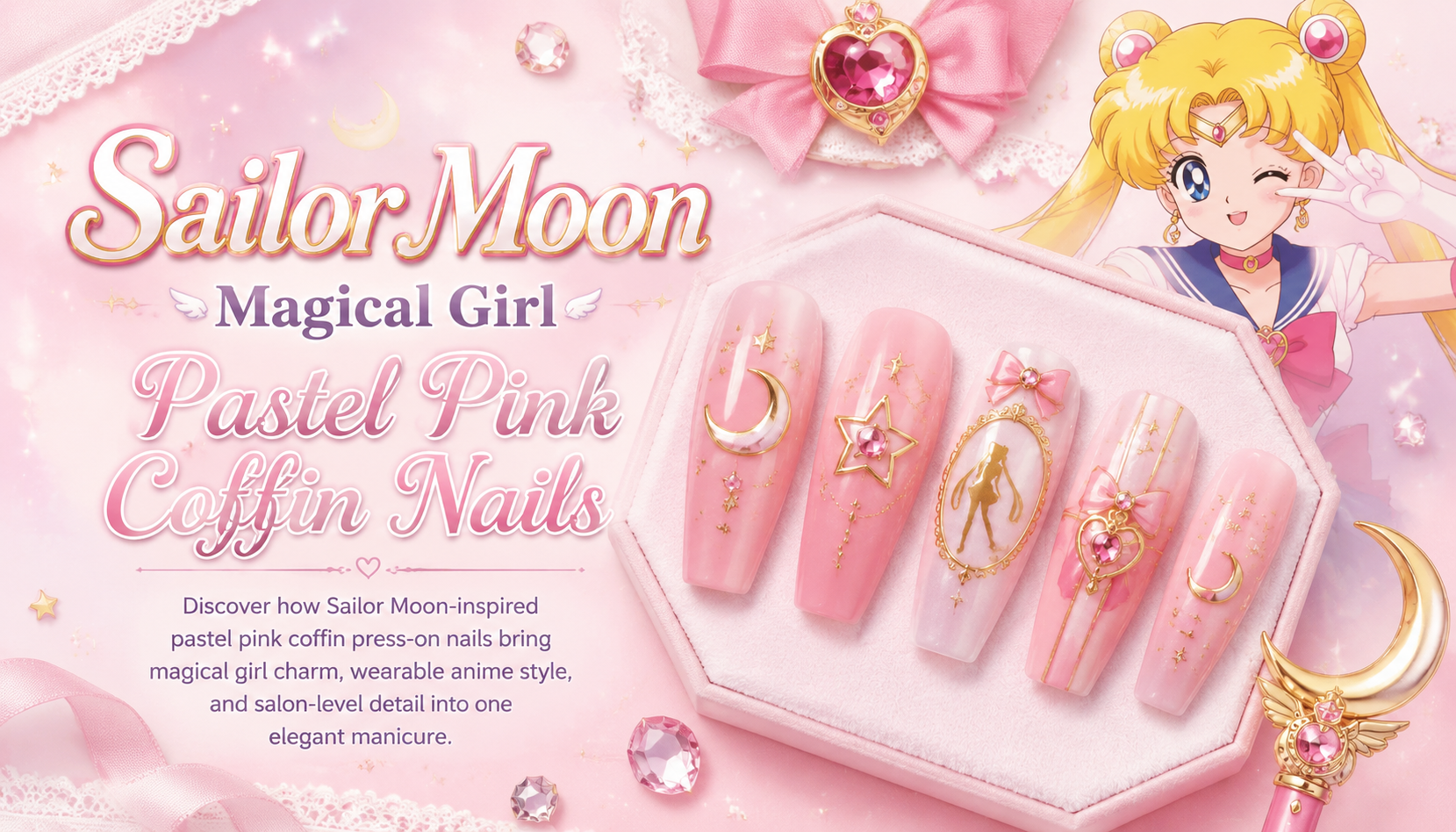 Sailor Moon Magical Girl Pastel Pink Coffin Nails