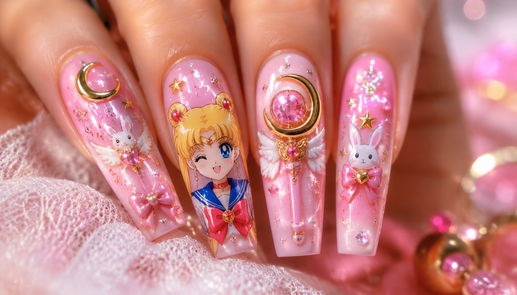 Detailed close-up showing the intricate hand-painted art of Sailor Moon Magical Girl Pastel Pink Coffin Nails